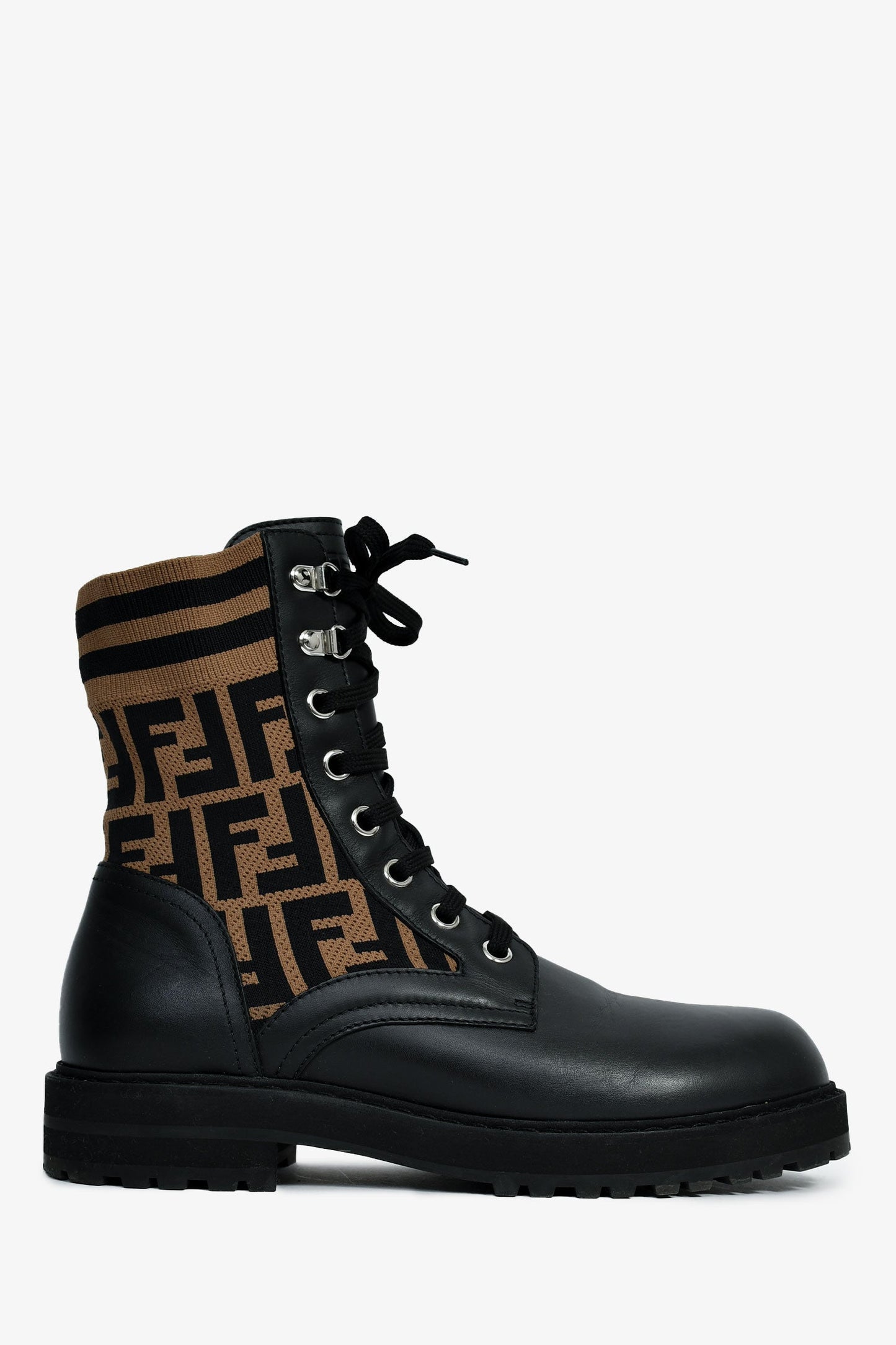 Fendi Handbag Taupe Fabric Zucca Print Combat Boots Leather Black Shoes