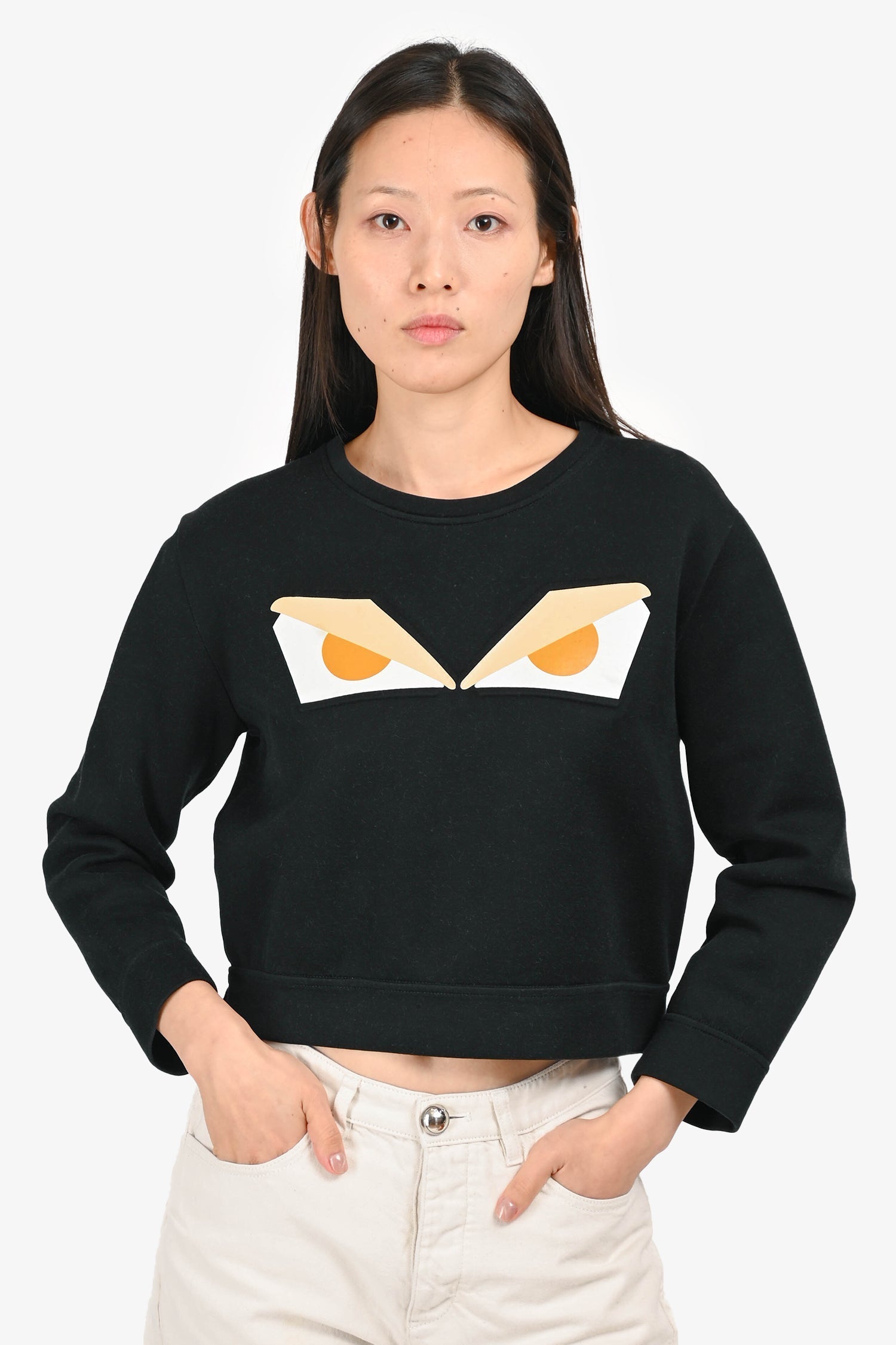Fendi Handbag Cotton Blend Monster Crop Sweatshirt Black