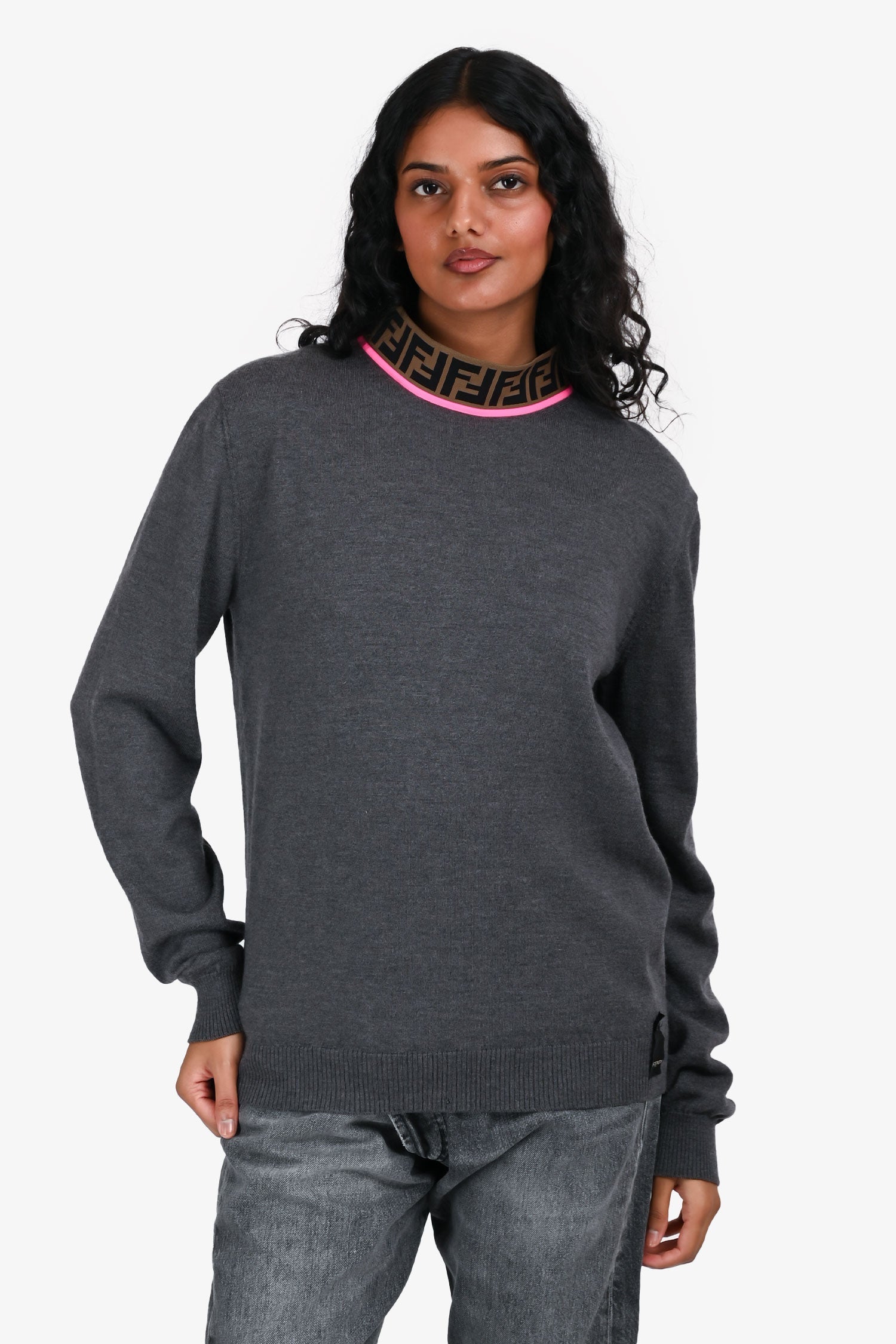 Fendi Handbag Grey Wool Neck Sweater Gray Logo