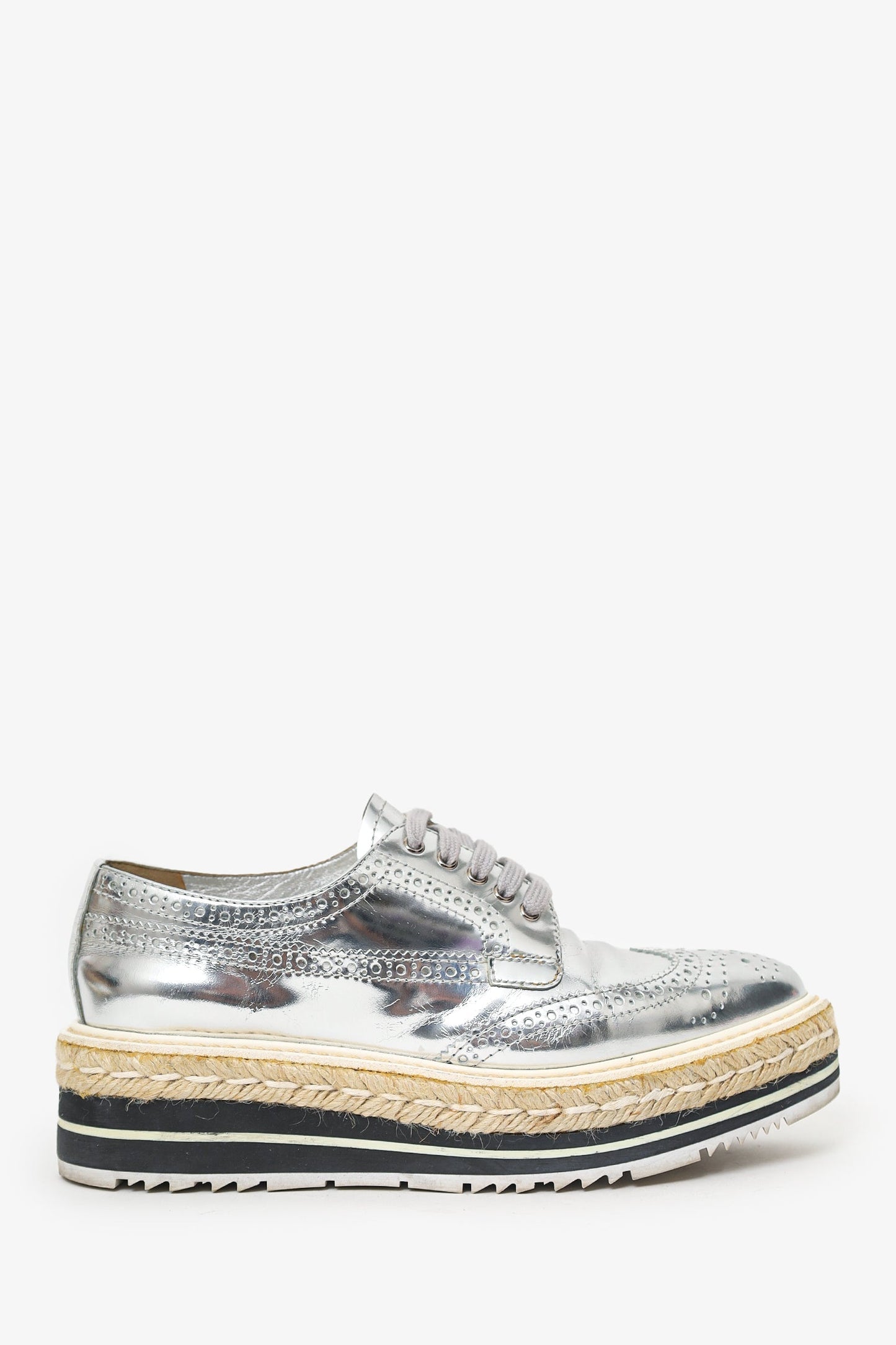 Prada Shoe Metallic Platform Oxford s Leather Silver Shoes