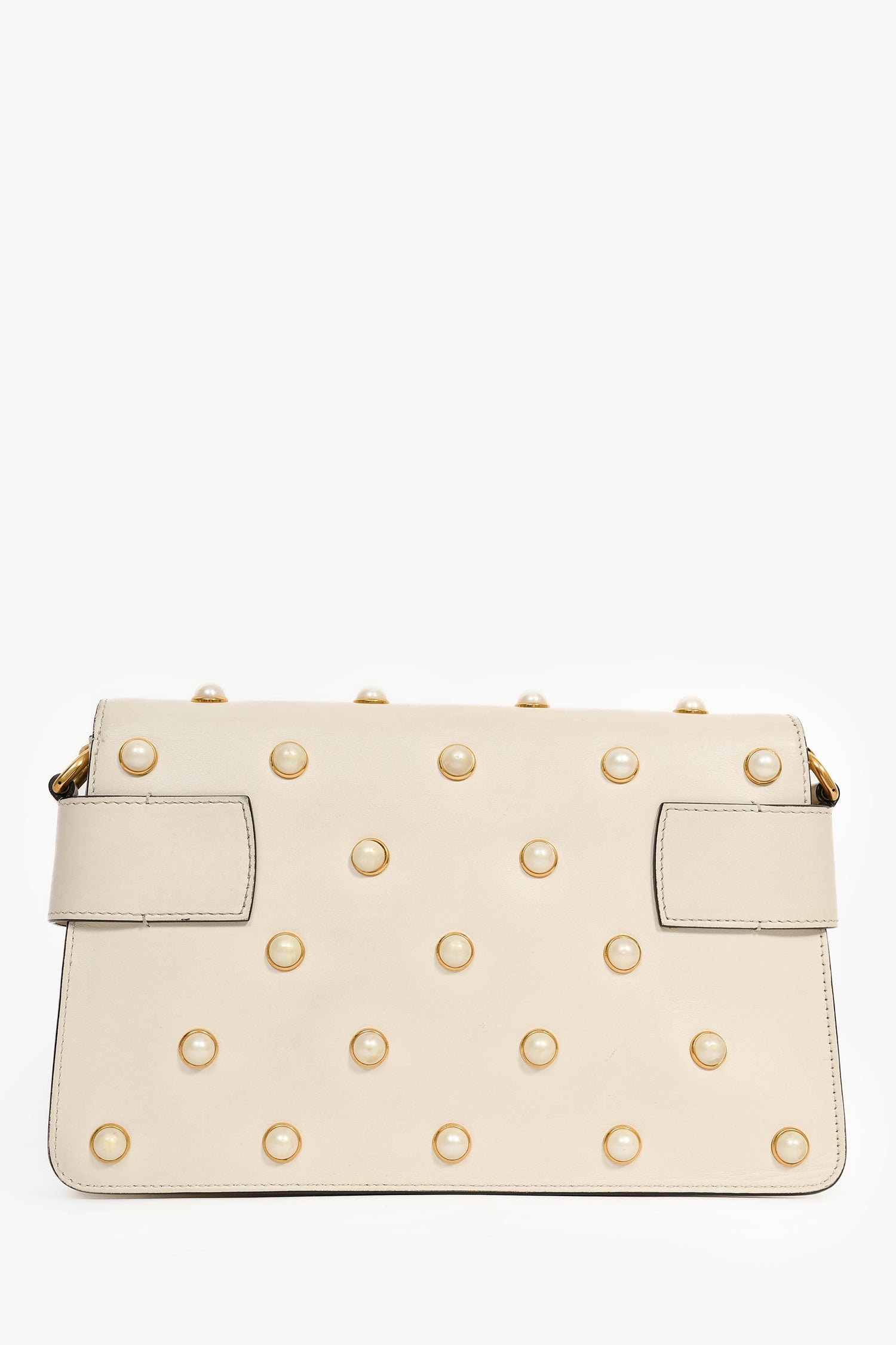 Gucci White Leather Pearl Studded Mini Broadway Bee Shoulder Bag with Web Strap