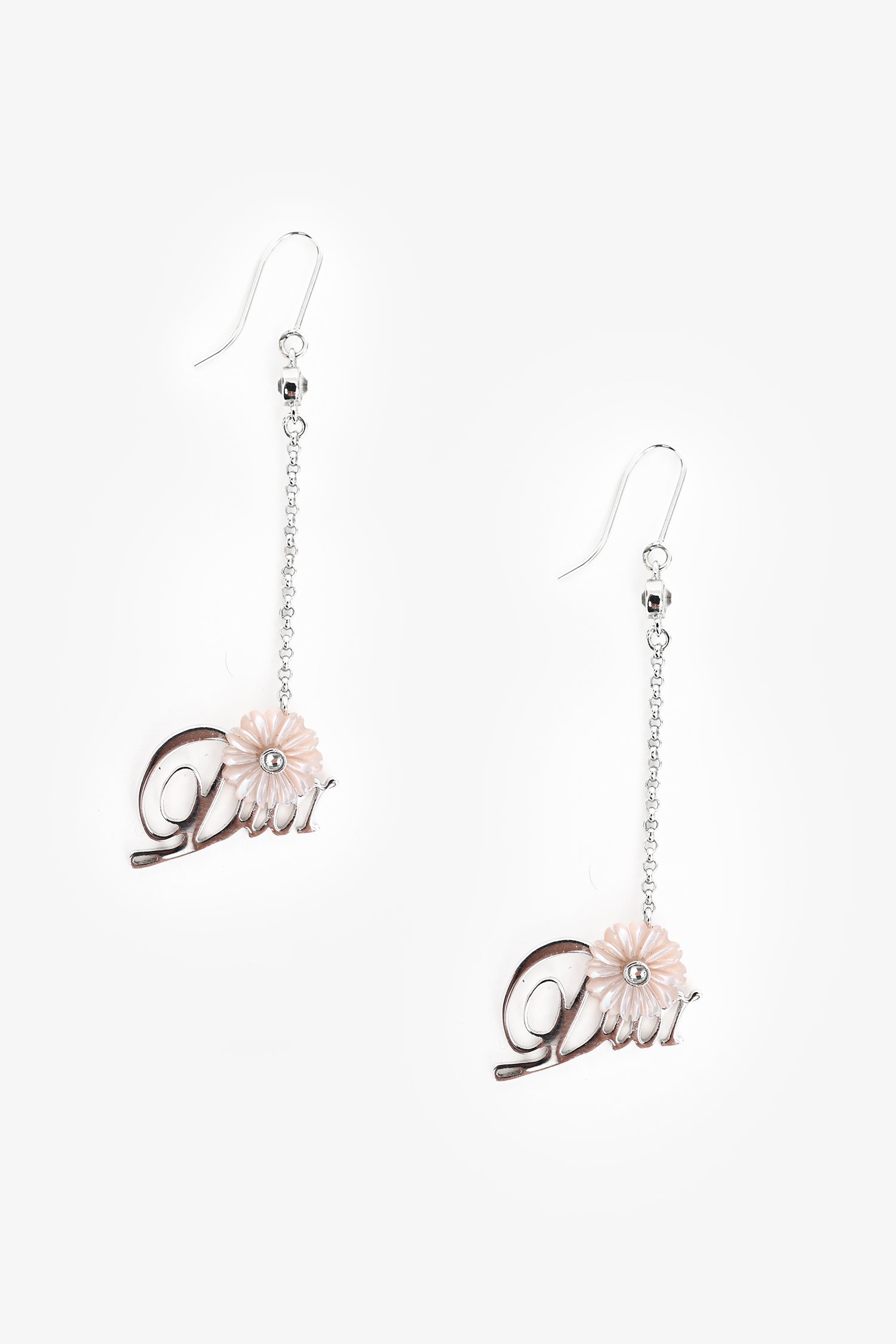 Dior Handbag Christian Tone Crystal Embellished Floral Ear Pendants Metal Silver Logo Jewelry