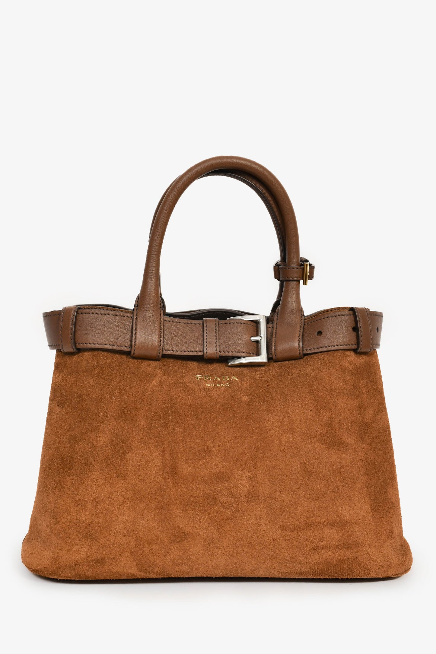 Prada Handbag Buckle Bag with Strap Leather Suede Brown