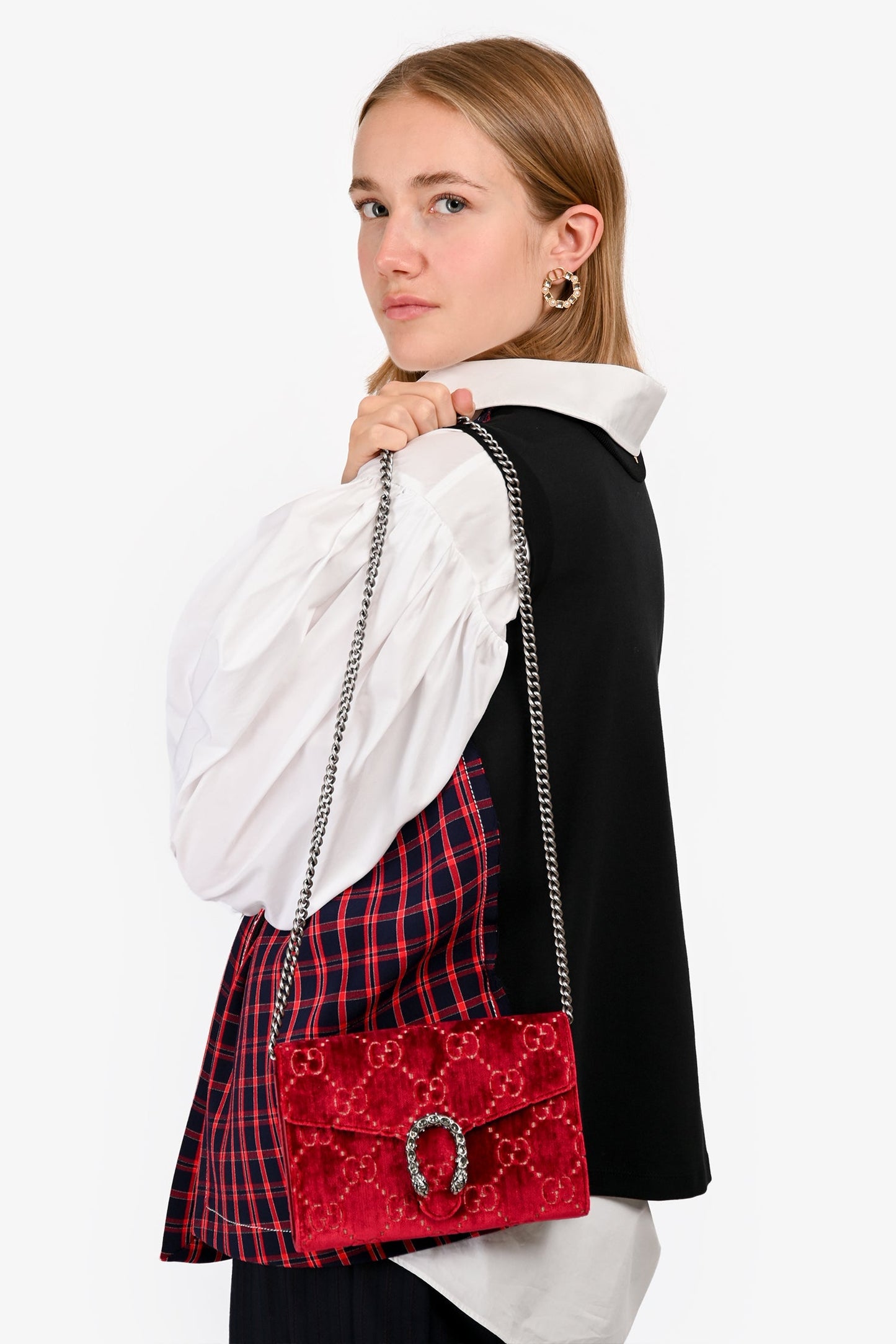 Gucci Red Velvet GG Supreme Monogram Small Dionysus Chain Shoulder Bag