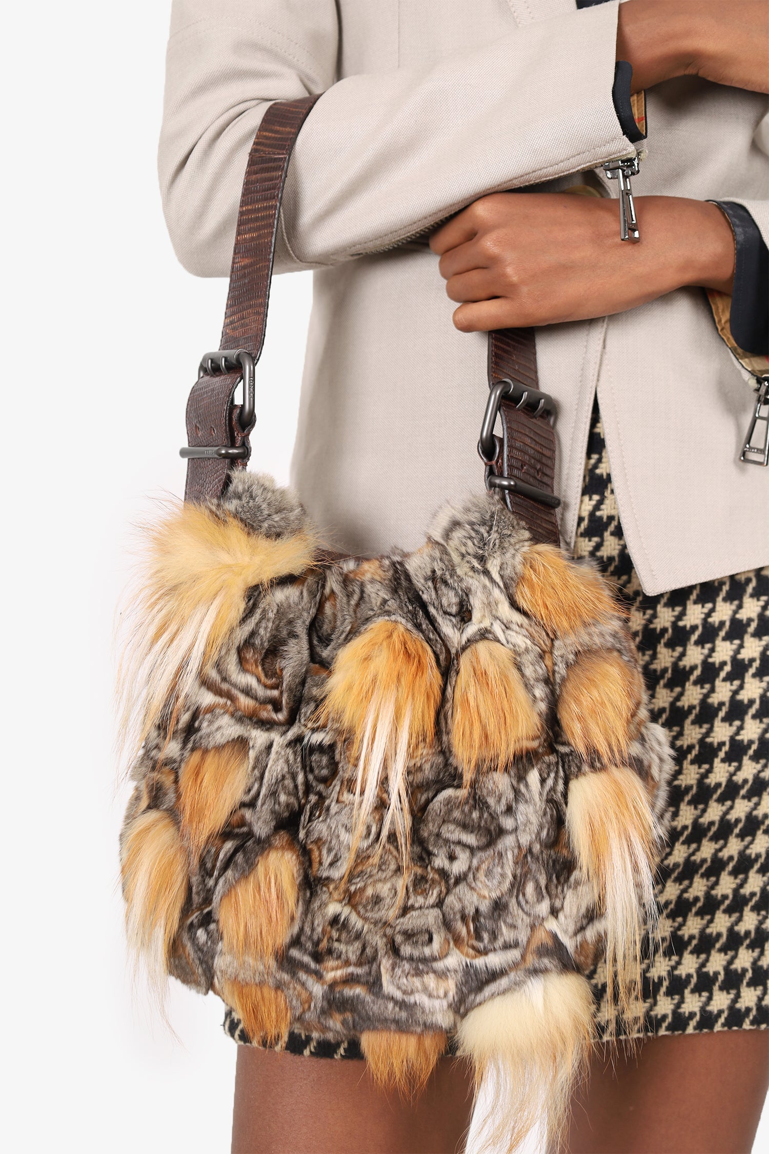 Fendi Shoulder Bag Grey Chinchilla Fur Oyster Brown Gray