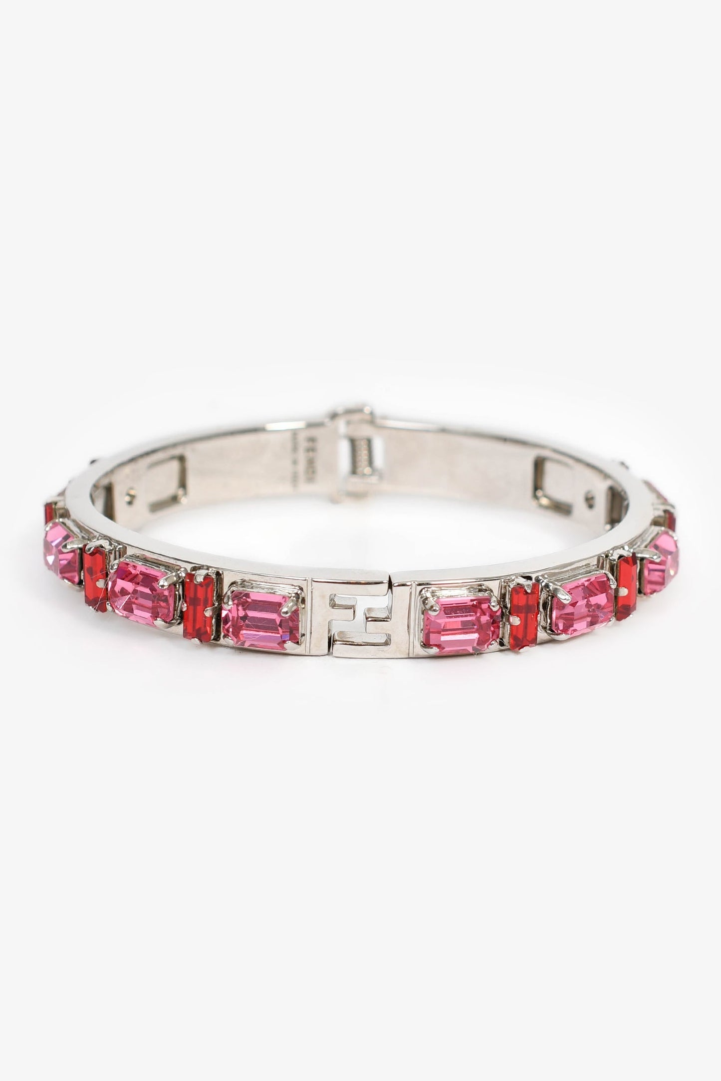 Fendi Handbag Toned Crystal Bracelet Red Pink Silver Jewelry