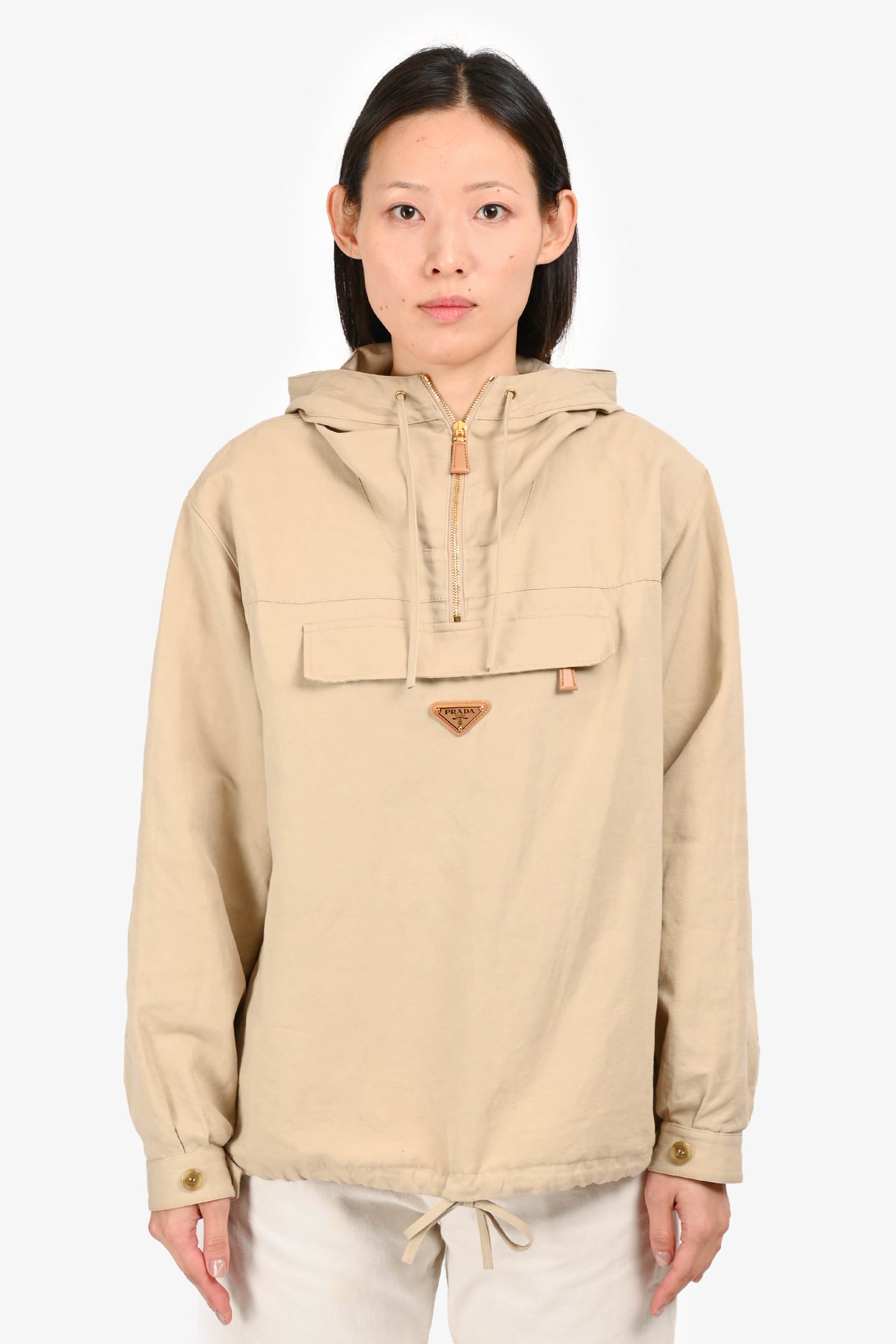 Prada Handbag Triangle- Panama Cotton Windbreaker Beige Logo
