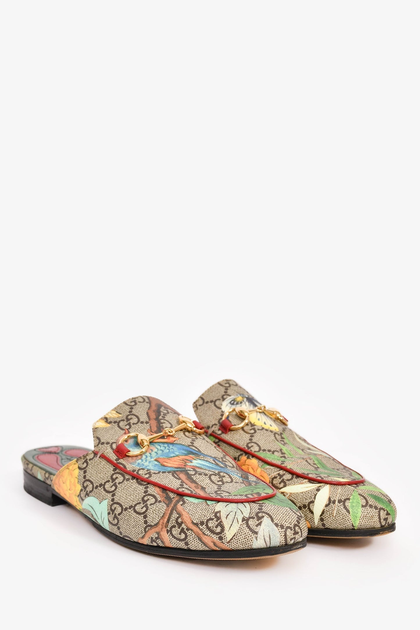 Gucci Brown Coated Canvas Supreme Leaf Print Mules Size 37.5