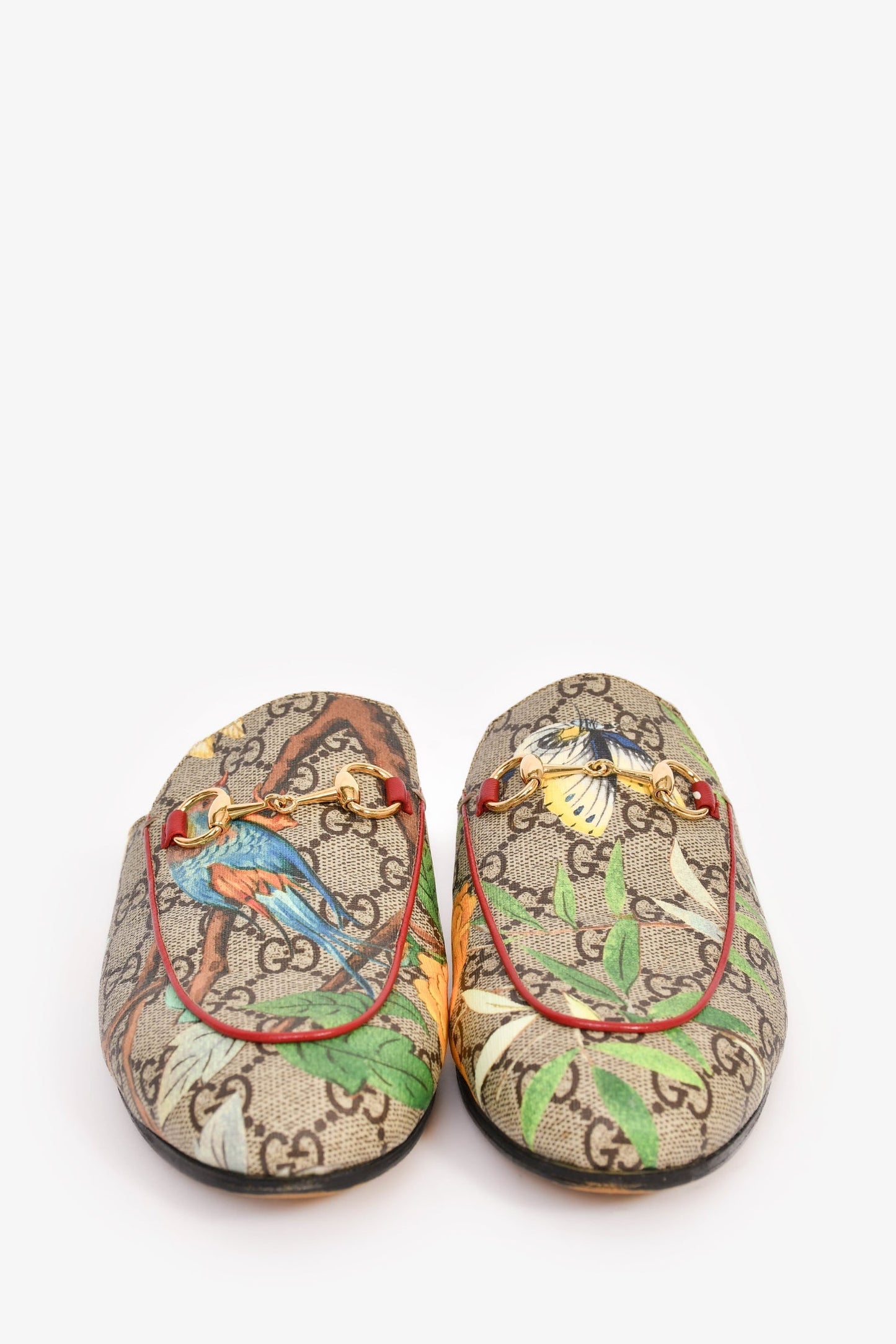 Gucci Brown Coated Canvas Supreme Leaf Print Mules Size 37.5