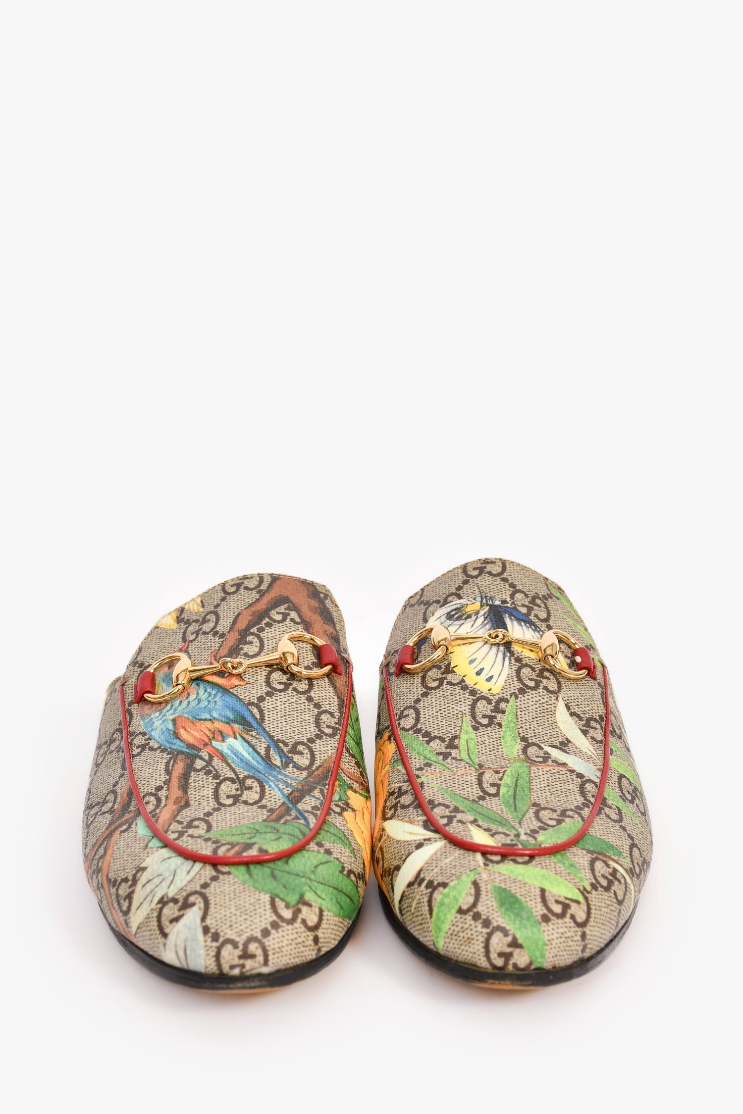 Gucci Brown Coated Canvas Supreme Leaf Print Mules Size 37.5