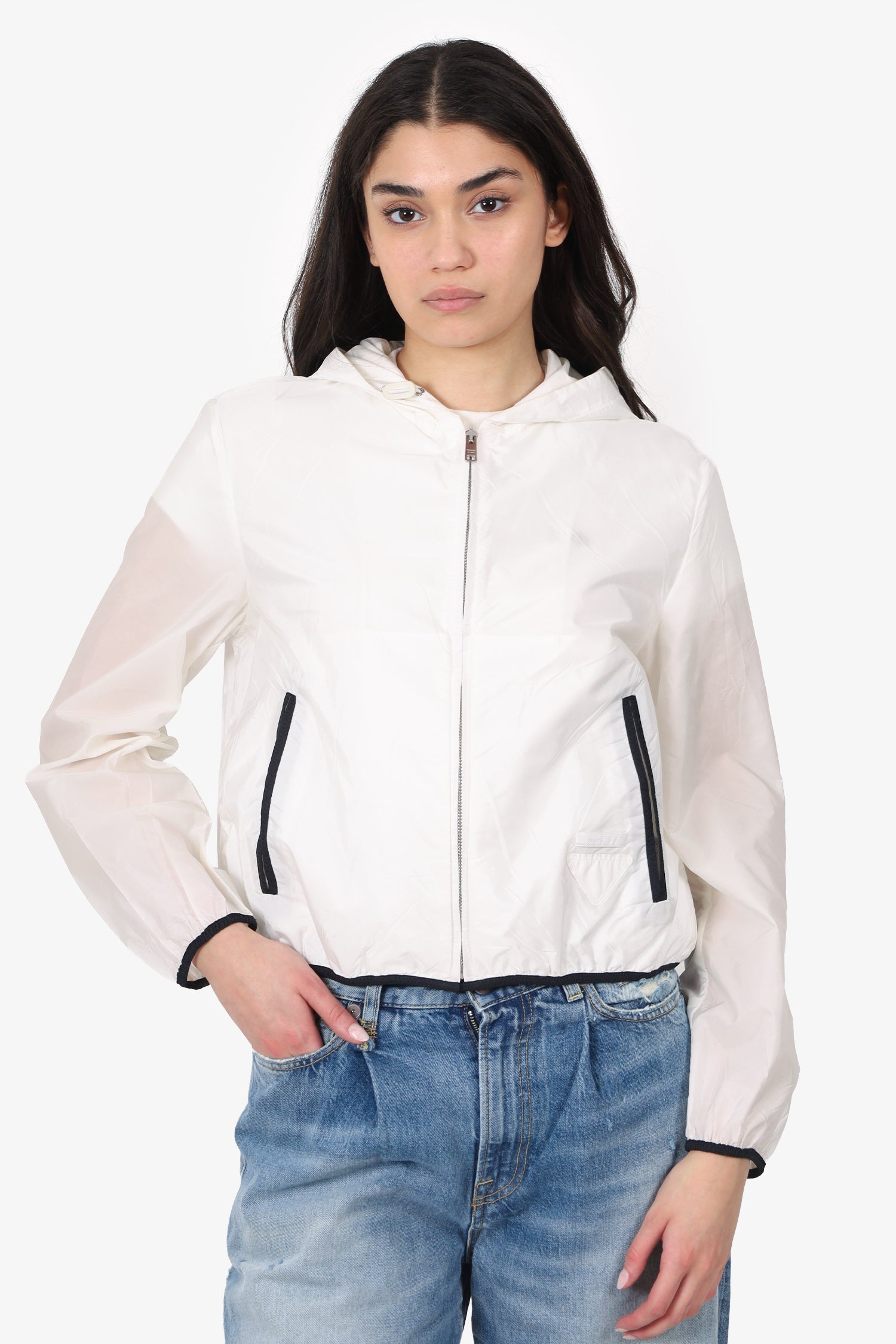 Prada Handbag Cropped Windbreaker With Hood White