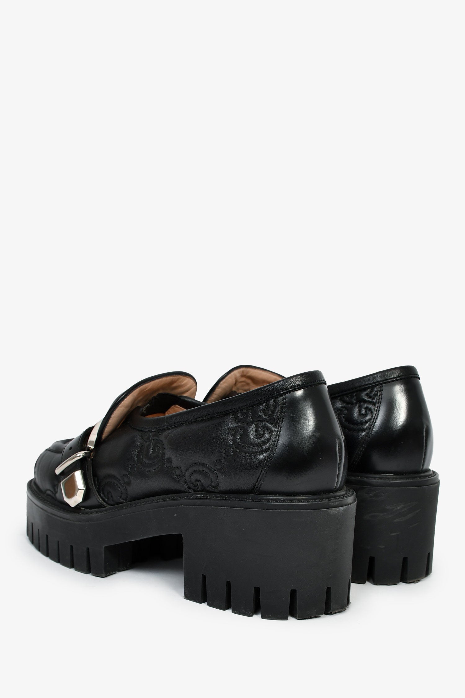 Gucci Black Leather GG Embossed Buckle Detail Platform Loafers Size 37