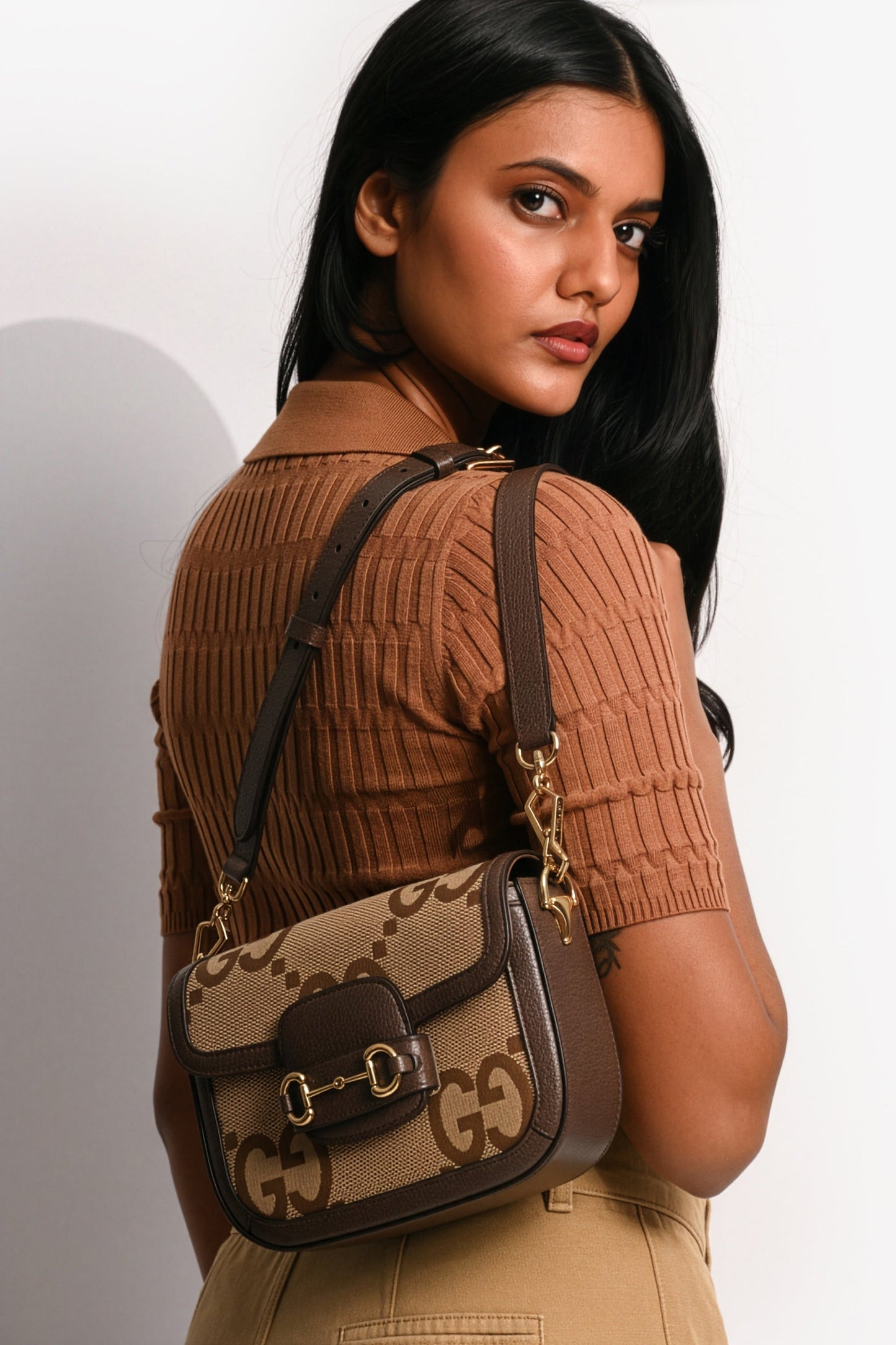 Gucci Brown Canvas/Leather GG Supreme Horsebit 1955 Shoulder Bag with Web Strap