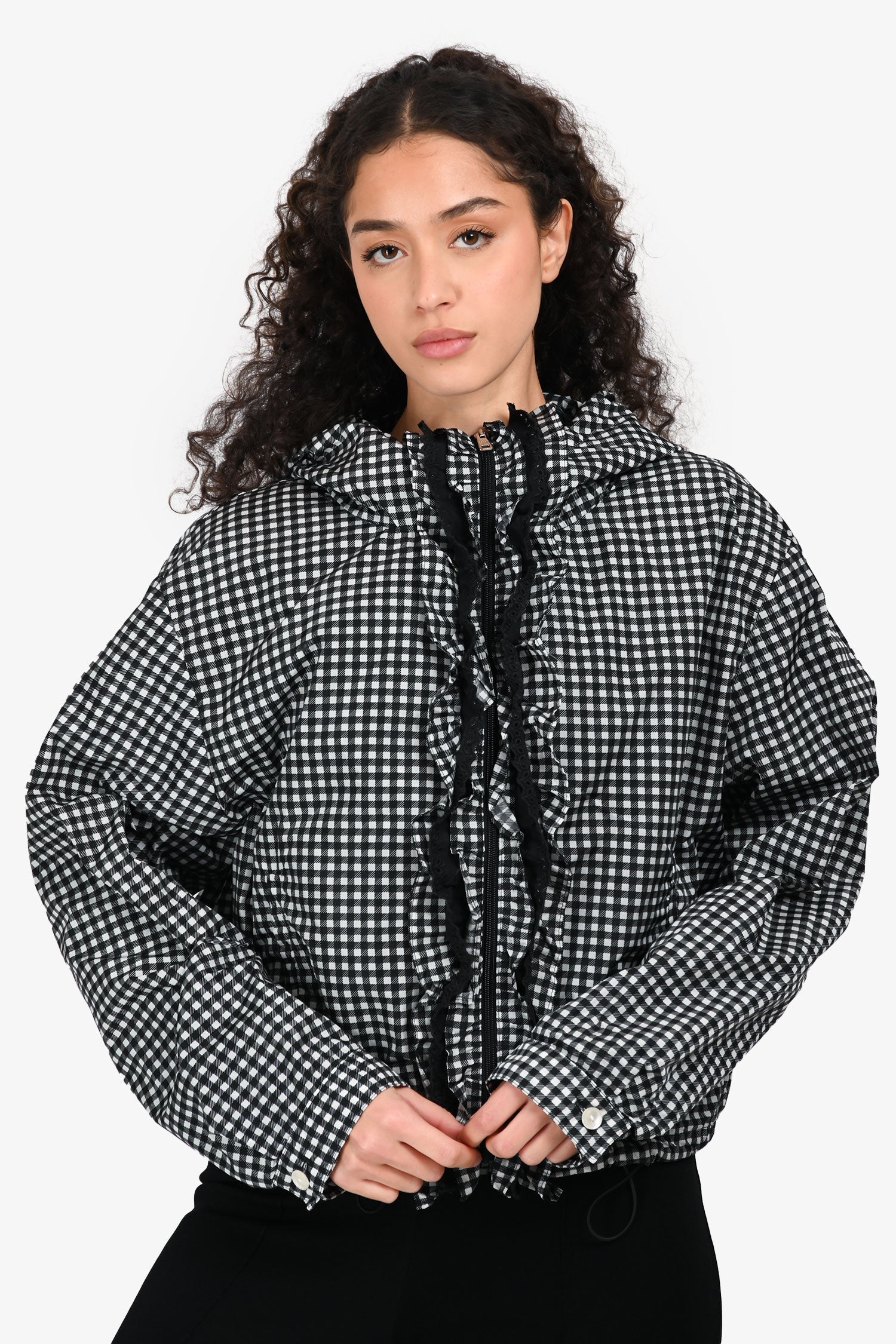 Prada Handbag Gingham Check Ruffle Detailed Wind Breaker Black White