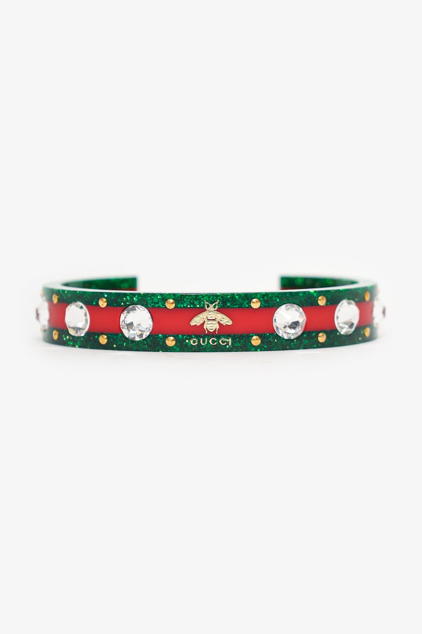 Gucci Green/Red Web Cuff Bracelet With Crystals