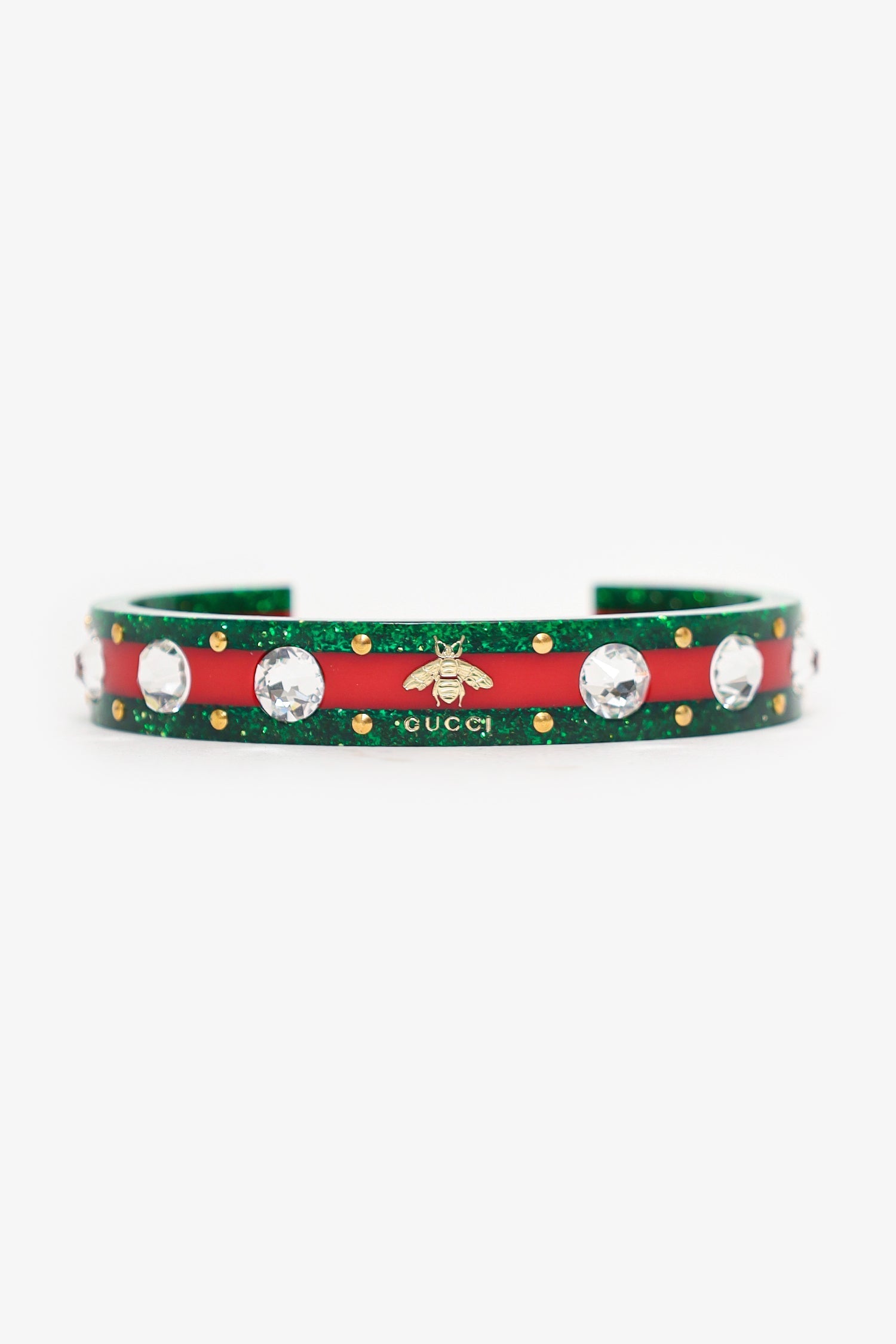 Gucci Green/Red Web Cuff Bracelet With Crystals