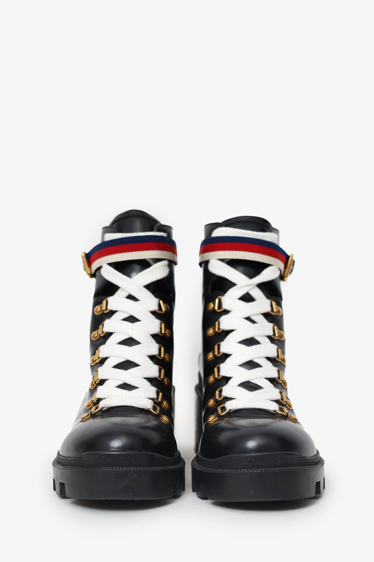 Gucci Black Leather Sylvie Web Combat Boots Size 40