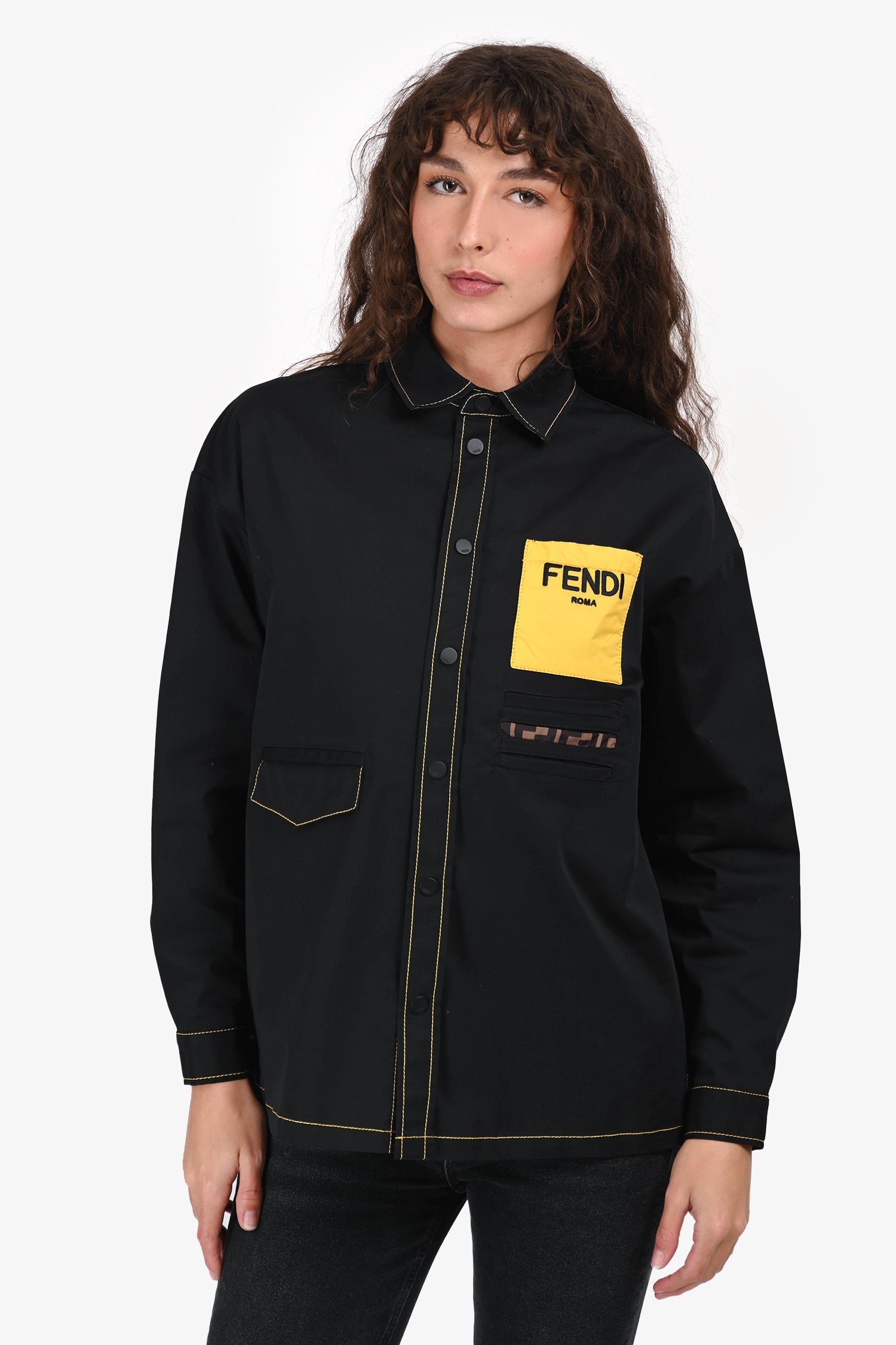 Fendi Handbag Pocket Stitch Detail Button-Up Shirt Est Black Yellow