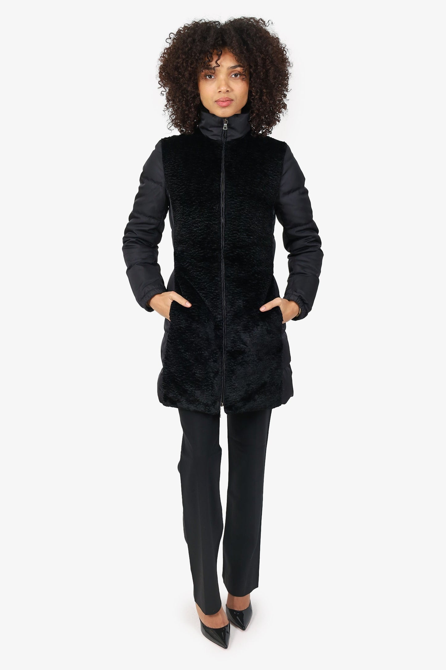 Prada Handbag Shearling -up Puffer Jacket Nylon Quilted Black