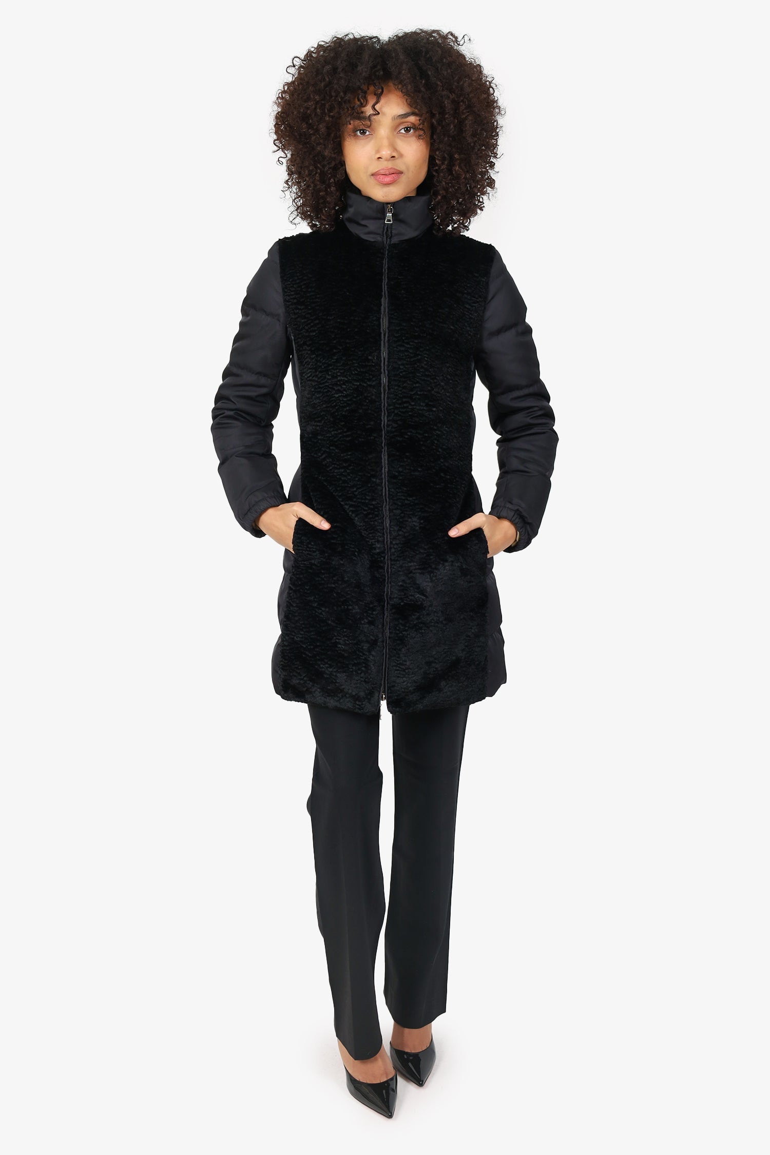Prada Handbag Shearling -up Puffer Jacket Nylon Quilted Black