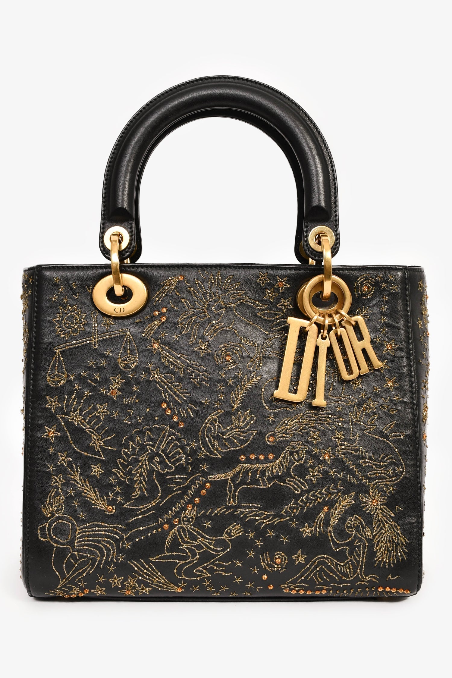 Dior Handbag Christian Zodiac Lady D-Lite Bag with Strap Leather Black Medium