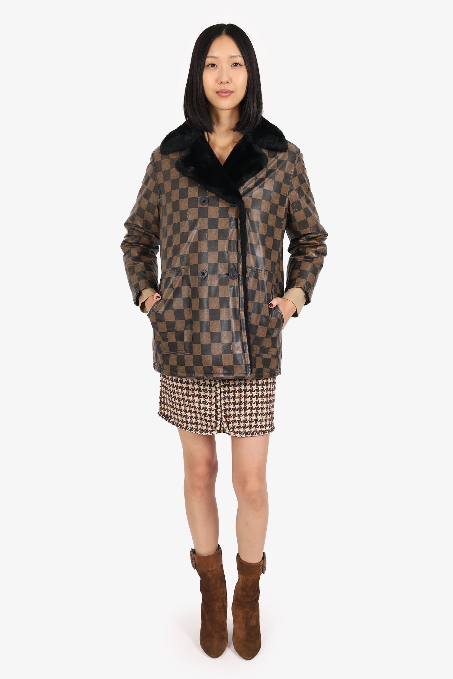 Fendi Handbag Teddy Lining Puffer Jacket Black Brown
