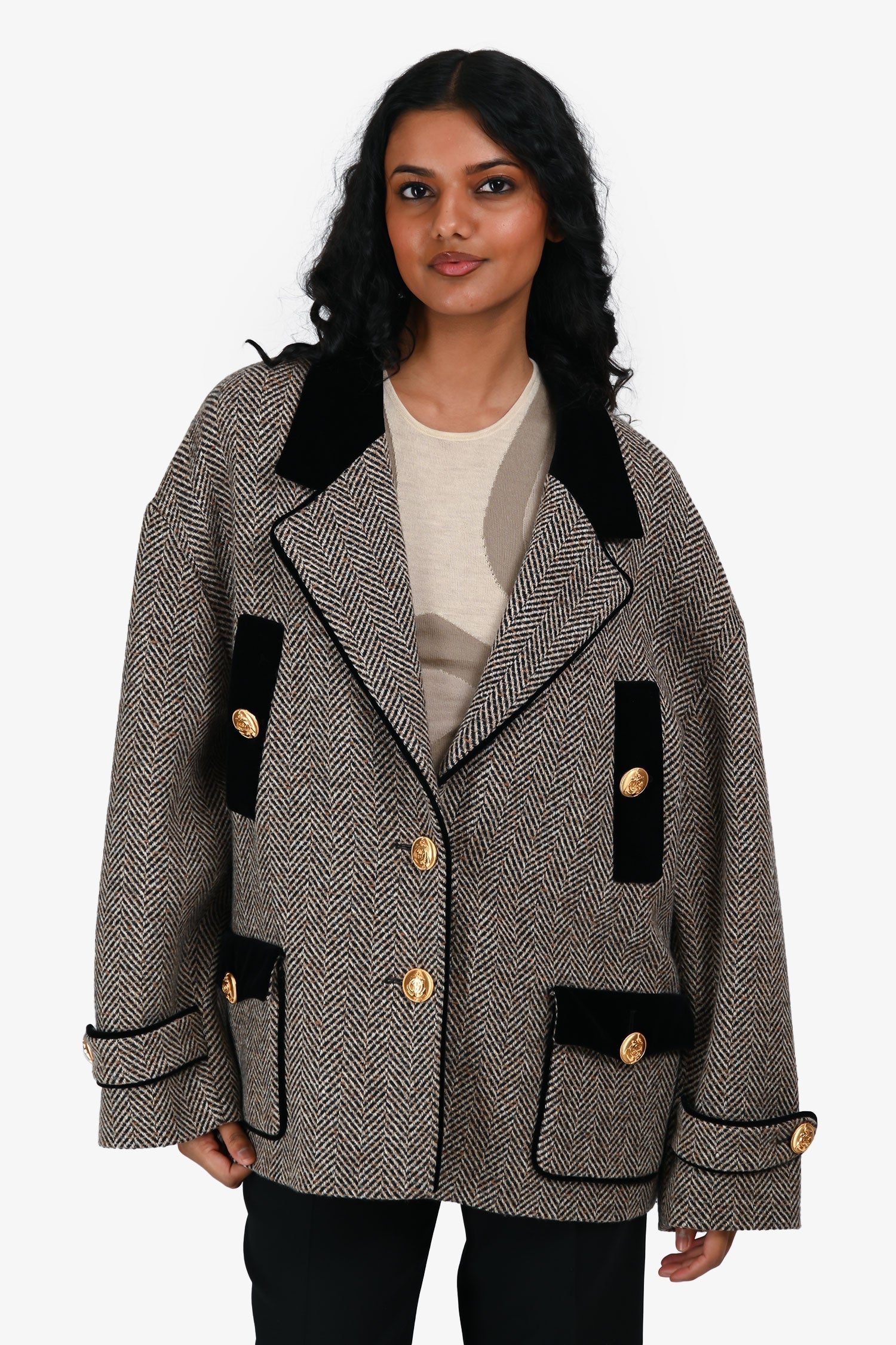 Gucci Grey/Brown Wool Boucle Herringbone 'Caban' Single Breasted Jacket Size 42