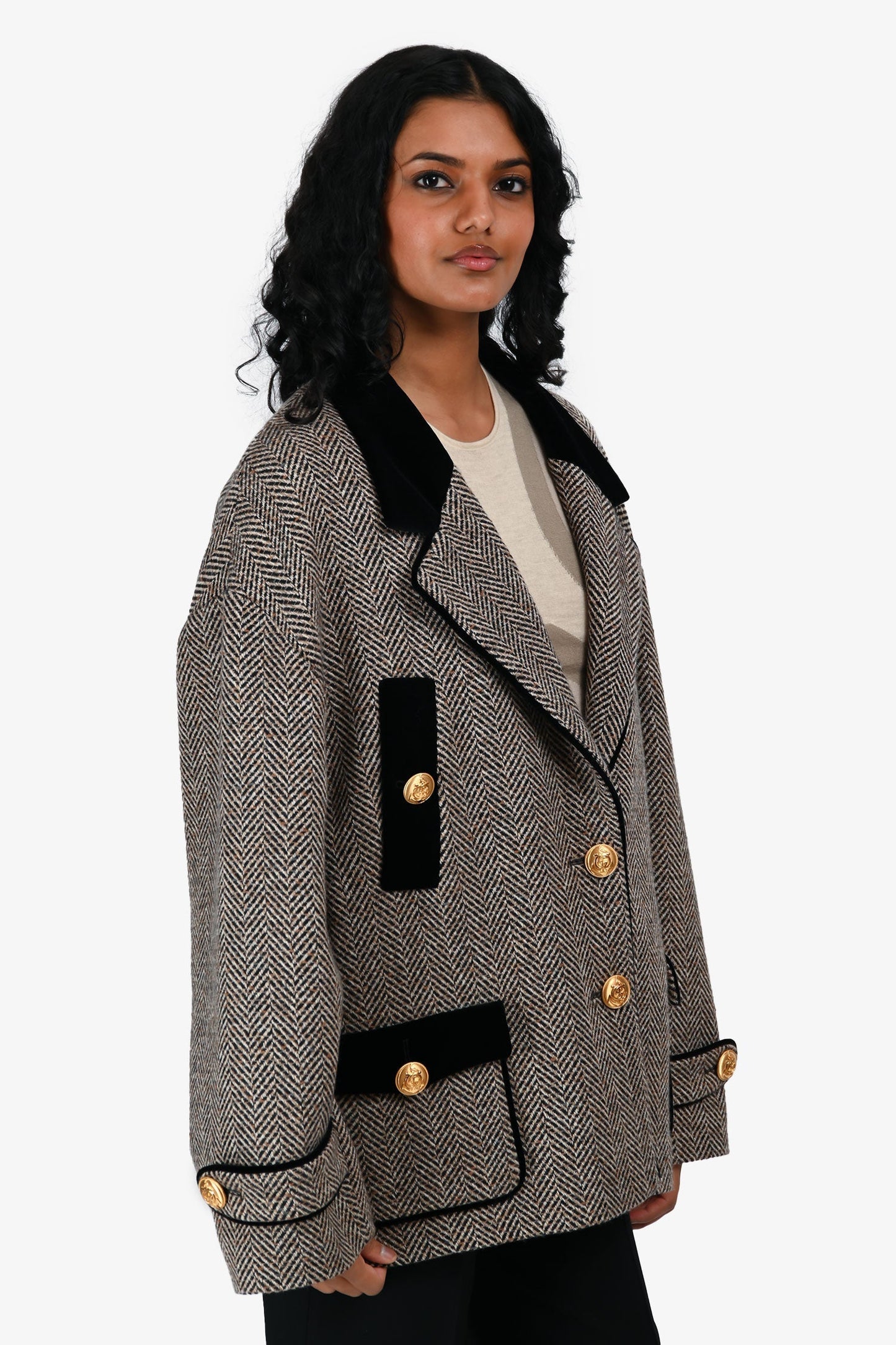 Gucci Grey/Brown Wool Boucle Herringbone 'Caban' Single Breasted Jacket Size 42