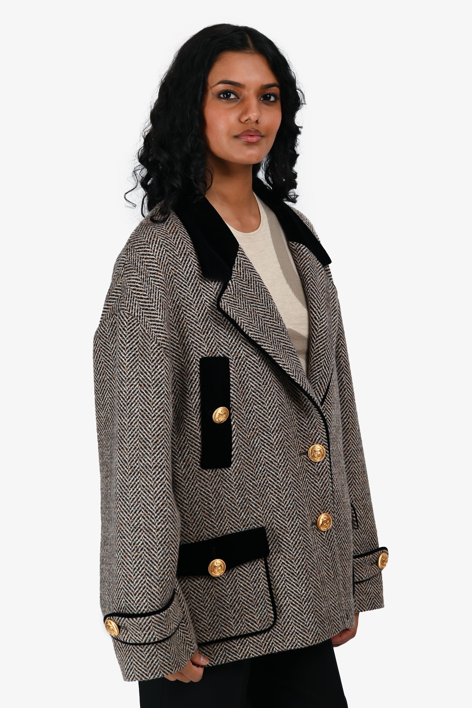 Gucci Grey/Brown Wool Boucle Herringbone 'Caban' Single Breasted Jacket Size 42