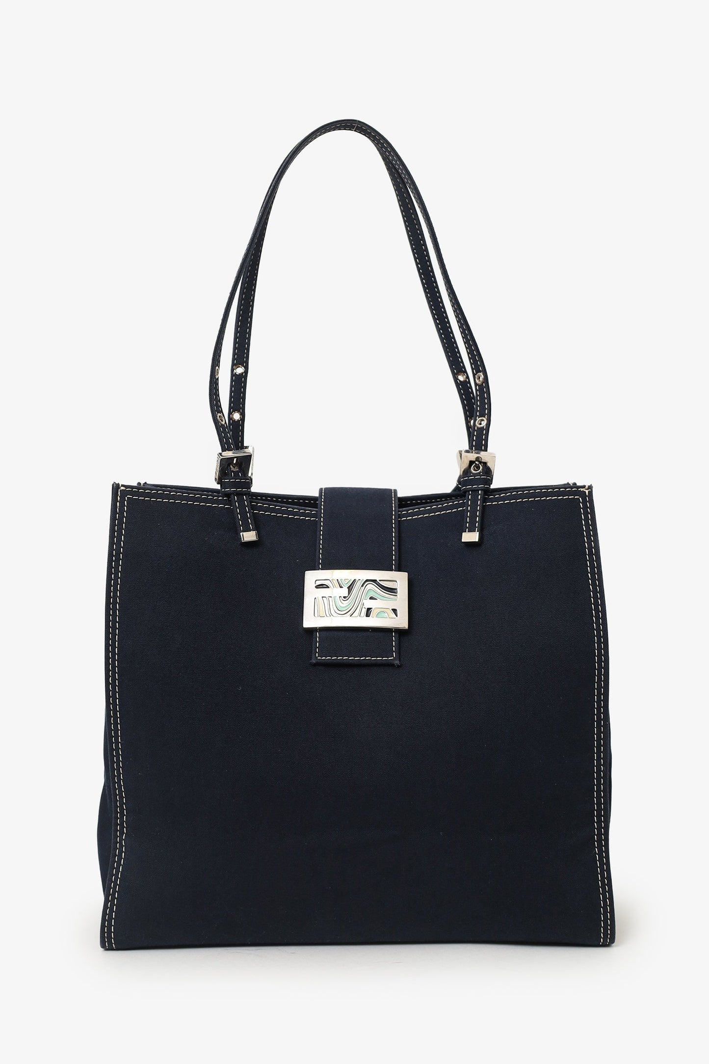 Fendi Baguette Buckle Square Tote Square Denim Blue Shoulder Bag