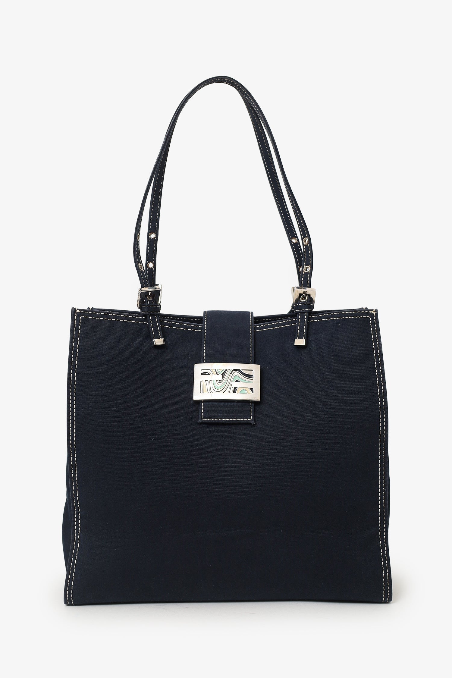 Fendi Baguette Buckle Square Tote Square Denim Blue Shoulder Bag