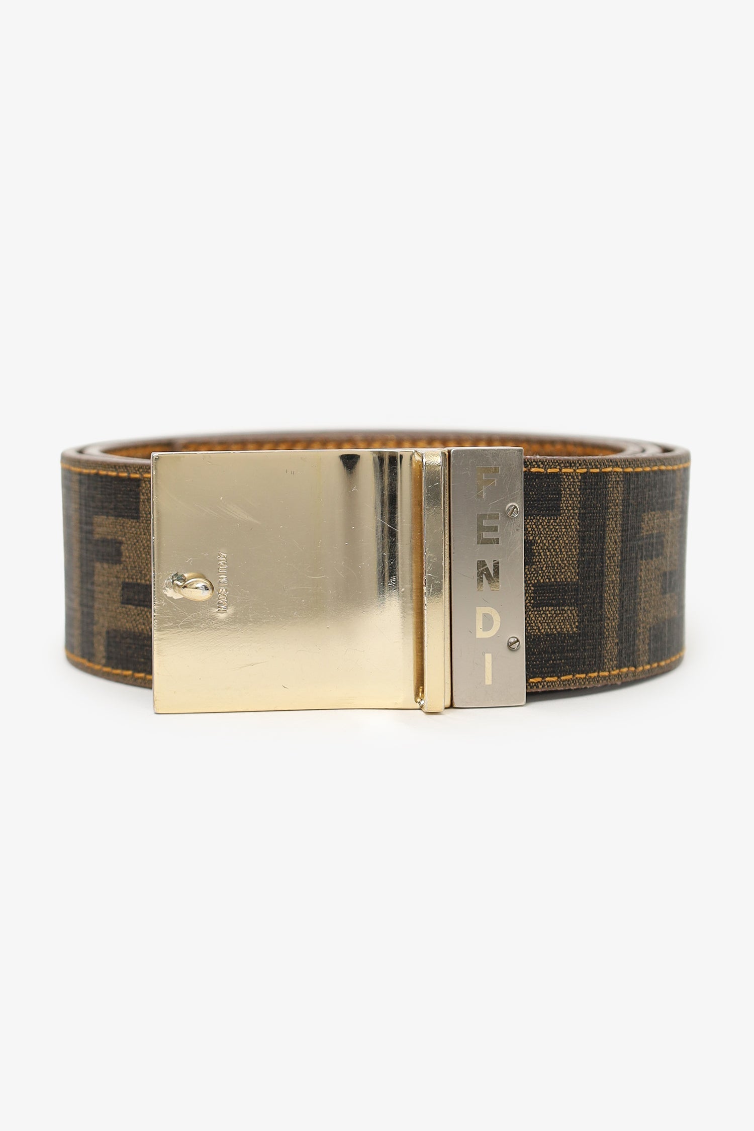 Fendi Handbag Metallic Zucca Coated Reversible Plue Buckle Belt Canvas Gold