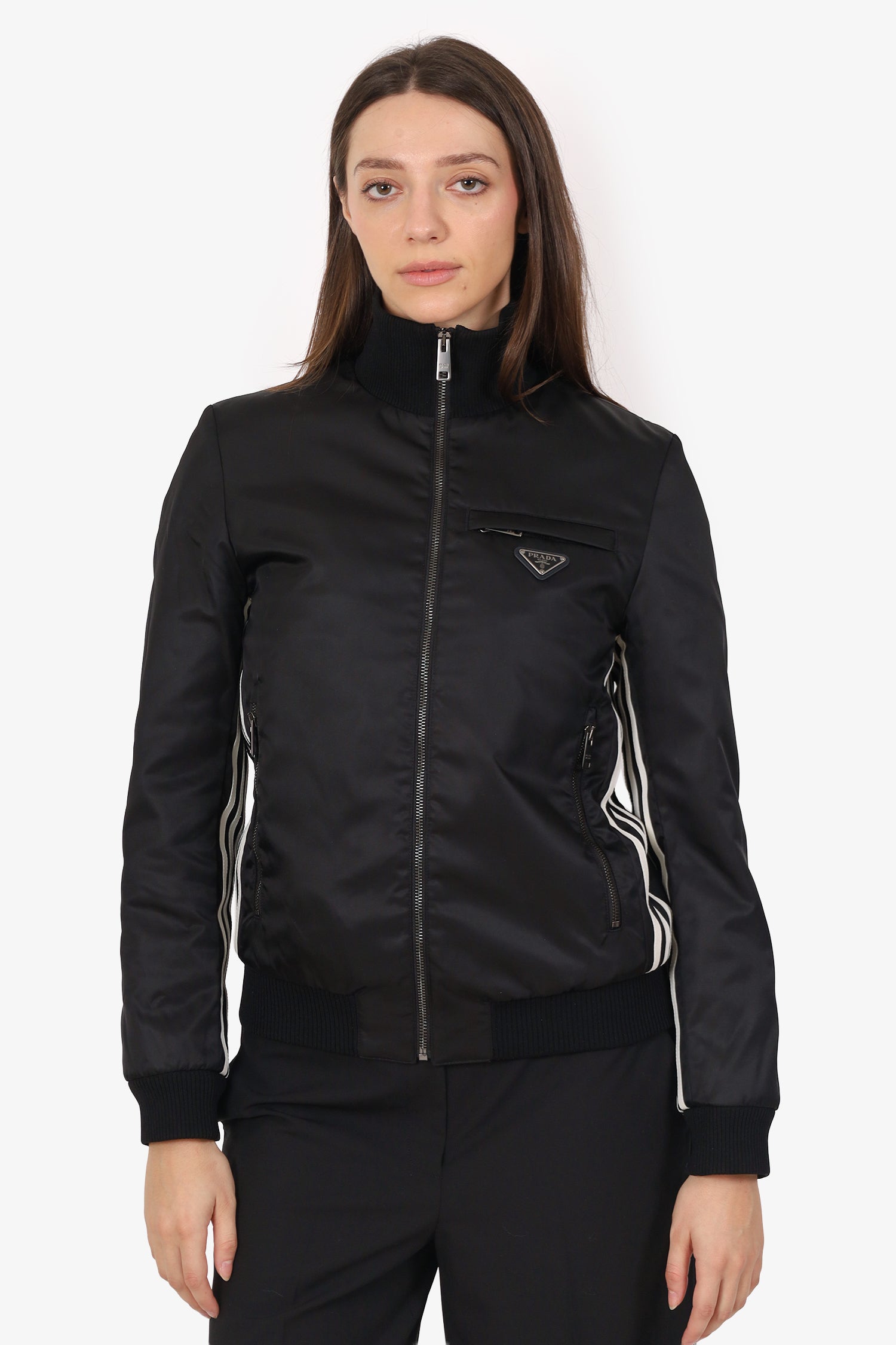 Prada Handbag x Adidas Re- Striped -Up Jacket Nylon Black Zip