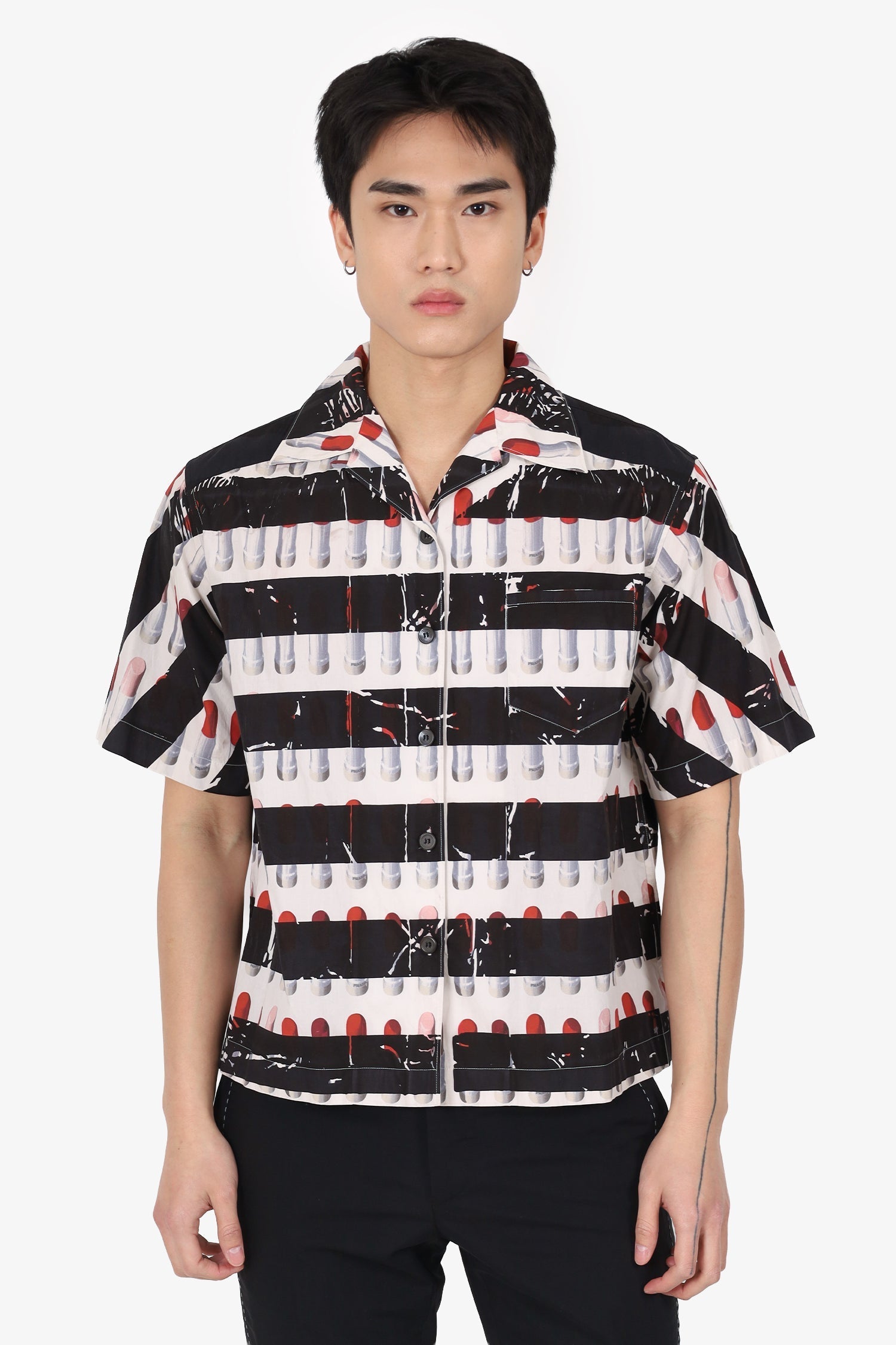 Prada Handbag Lipstick Print Short Sleeve Shirt Black Pink