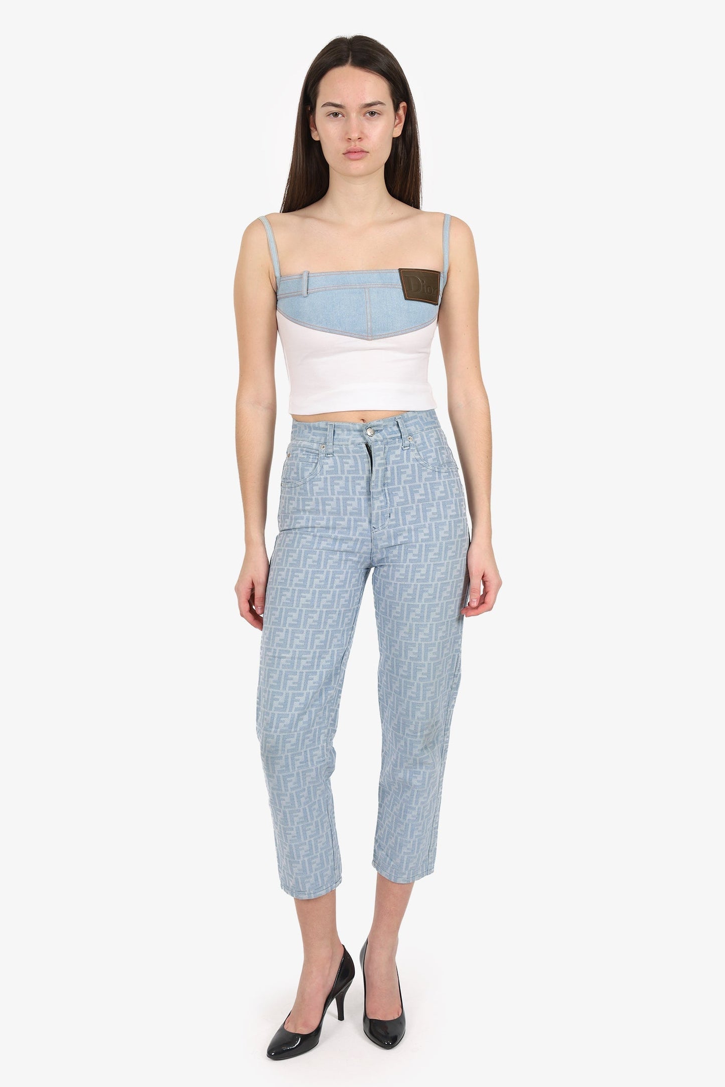 Fendi Handbag Zucca Print High Waisted Jeans Denim Blue