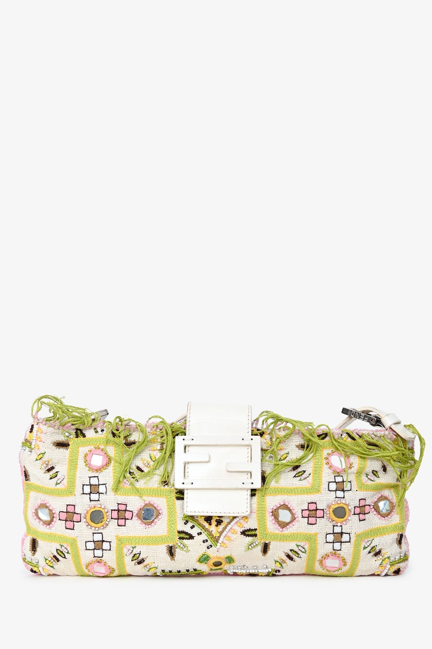 Fendi Shoulder Bag Limited Edition Fringe Beaded Embroidery Baguette White Green