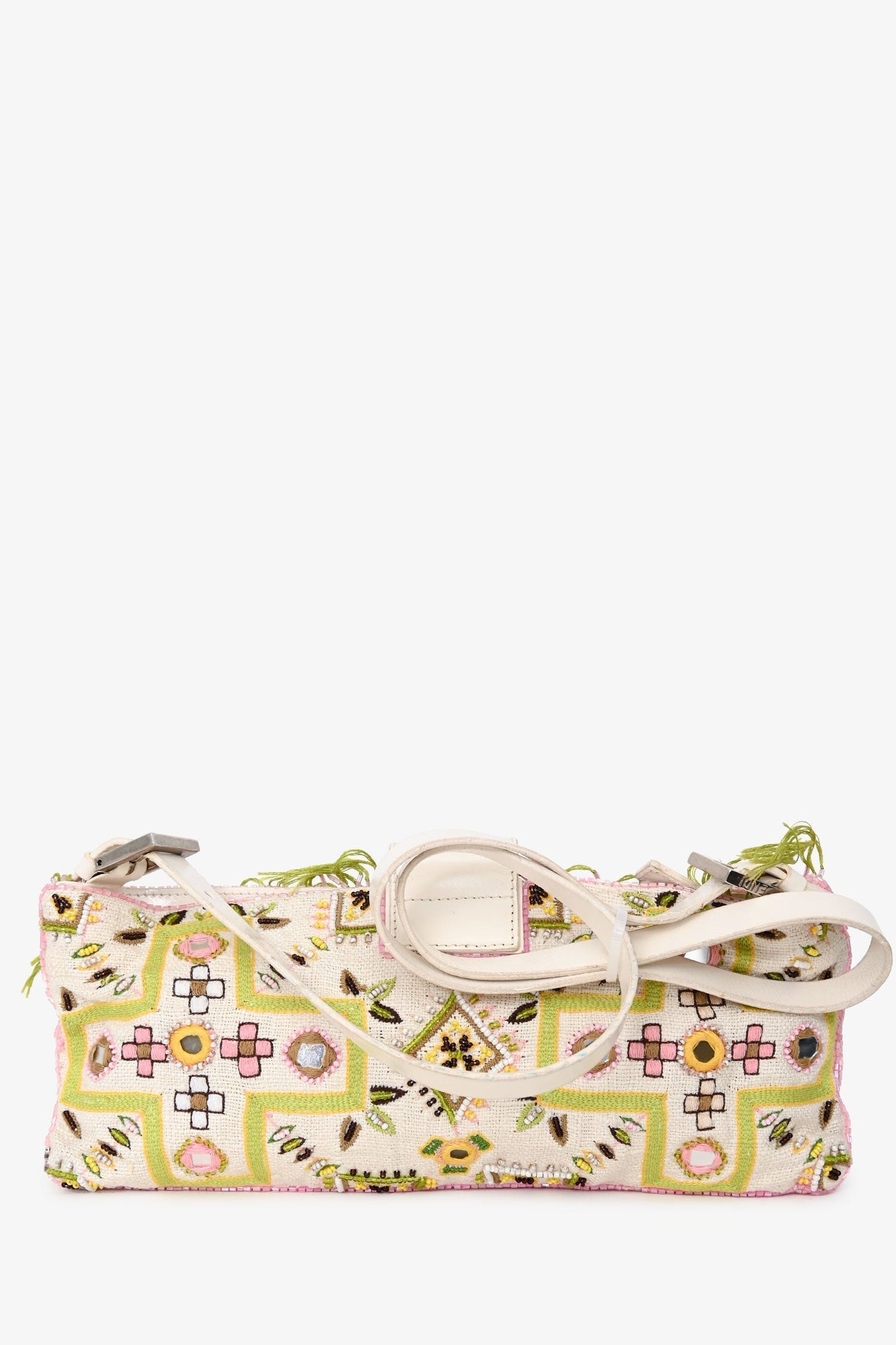 Fendi Limited Edition Fringe Beaded Embroidery Baguette Pochette Shoulder White Green Shoulder Bag