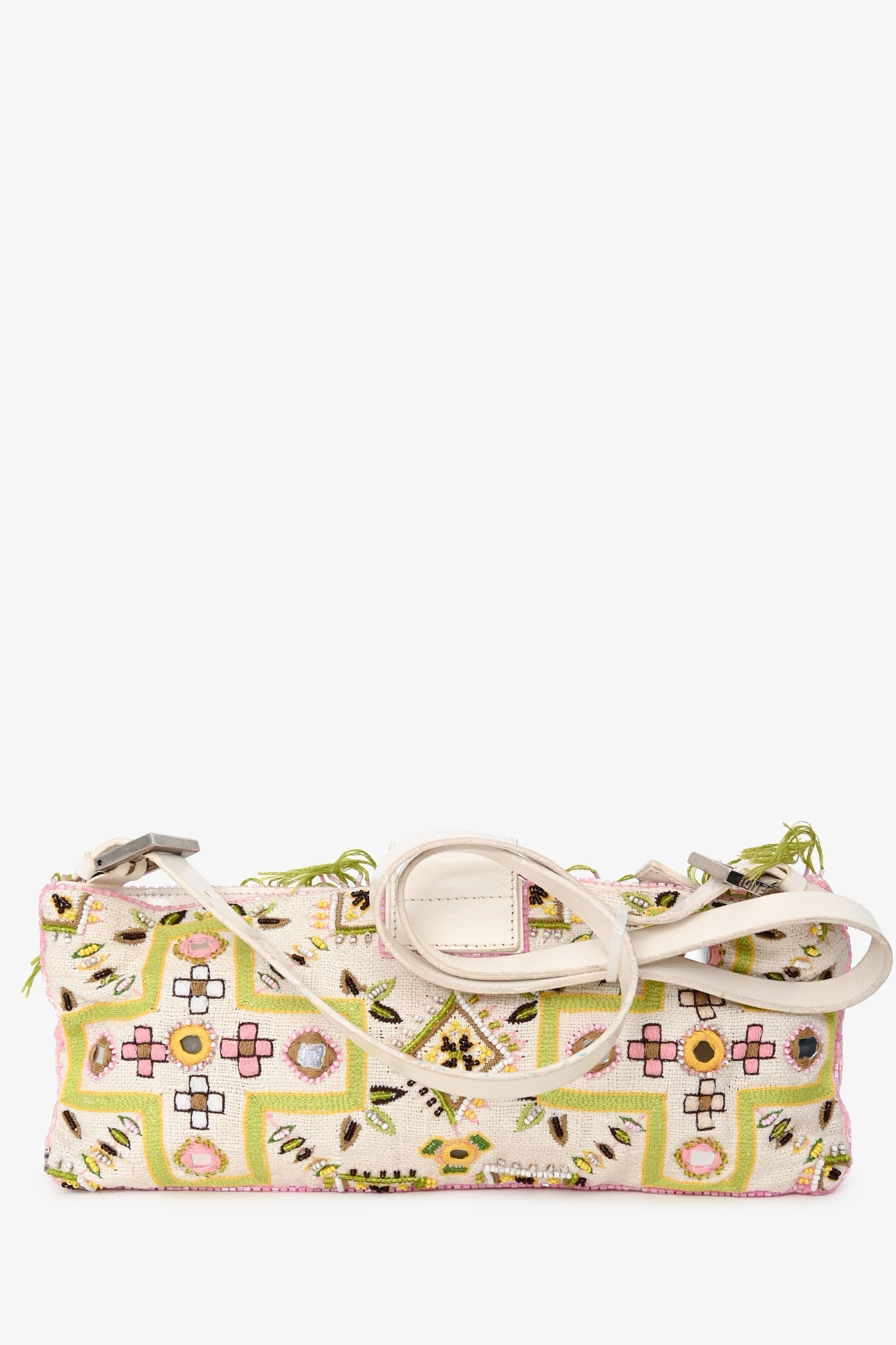 Fendi Limited Edition Fringe Beaded Embroidery Baguette Pochette Shoulder White Green Shoulder Bag