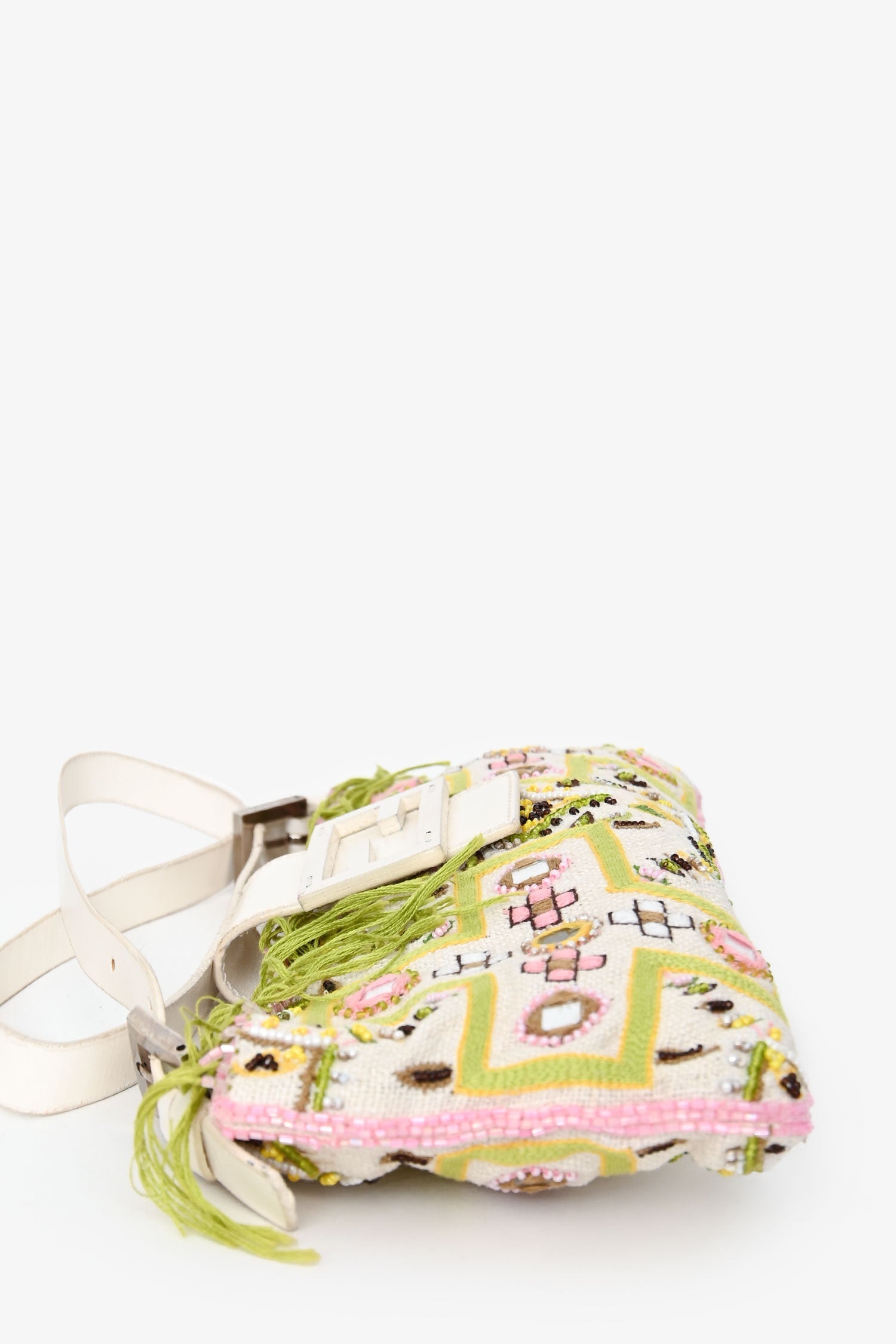 Fendi Limited Edition Fringe Beaded Embroidery Baguette Pochette Shoulder White Green Shoulder Bag