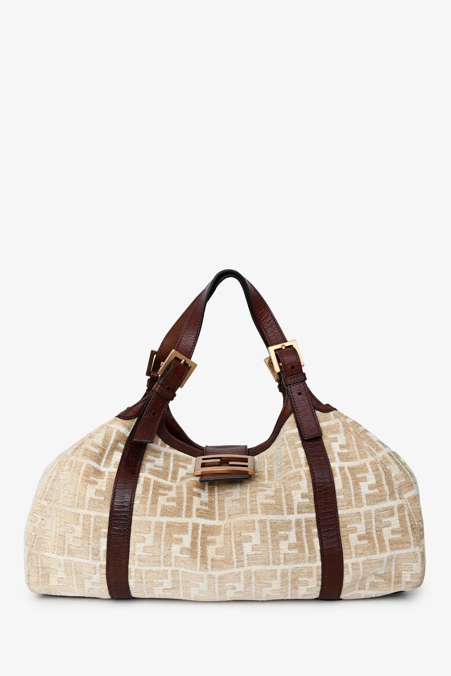 Fendi Shoulder Bag Velvet Zucca Baguette Hobo Bag Leather Brown Beige
