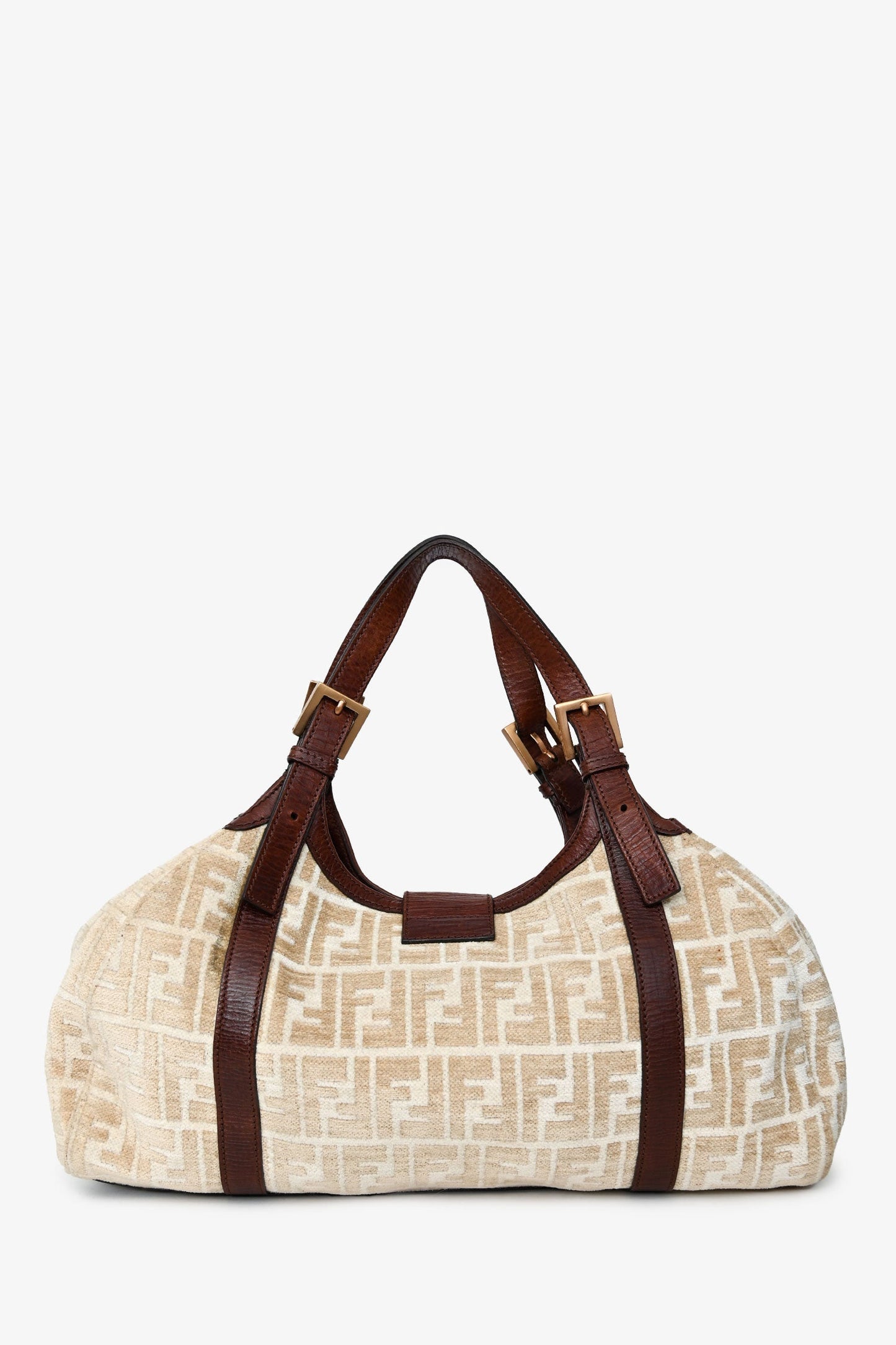 Fendi Velvet Zucca Baguette Hobo Bag Leather Brown Beige Shoulder Bag