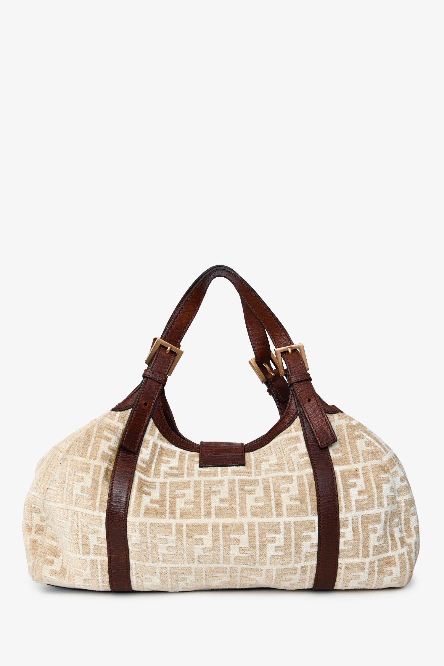 Fendi Velvet Zucca Baguette Hobo Bag Leather Brown Beige Shoulder Bag