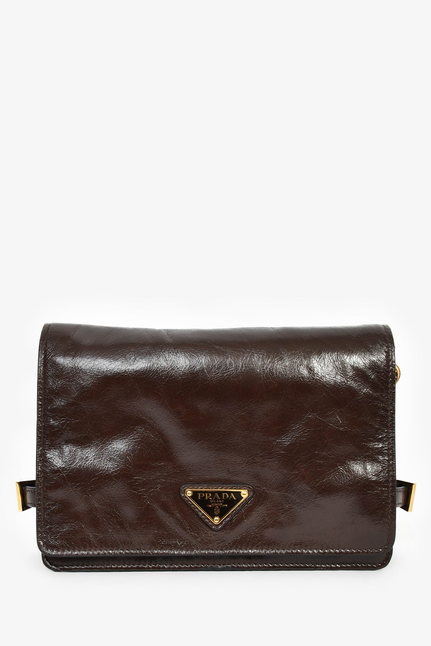 Prada Shoulder Bag Buckle Detail Leather Brown