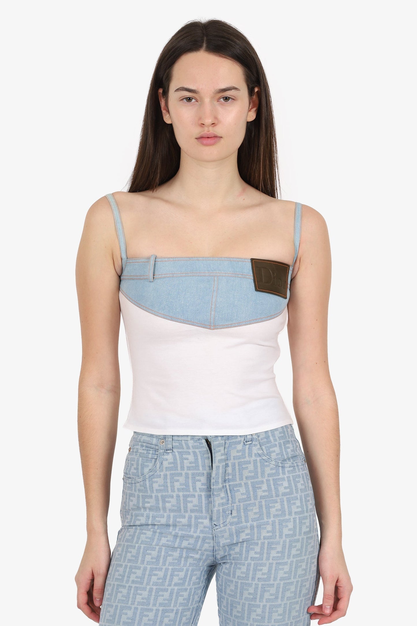 Dior Handbag Christian Strappy Top Denim White Blue