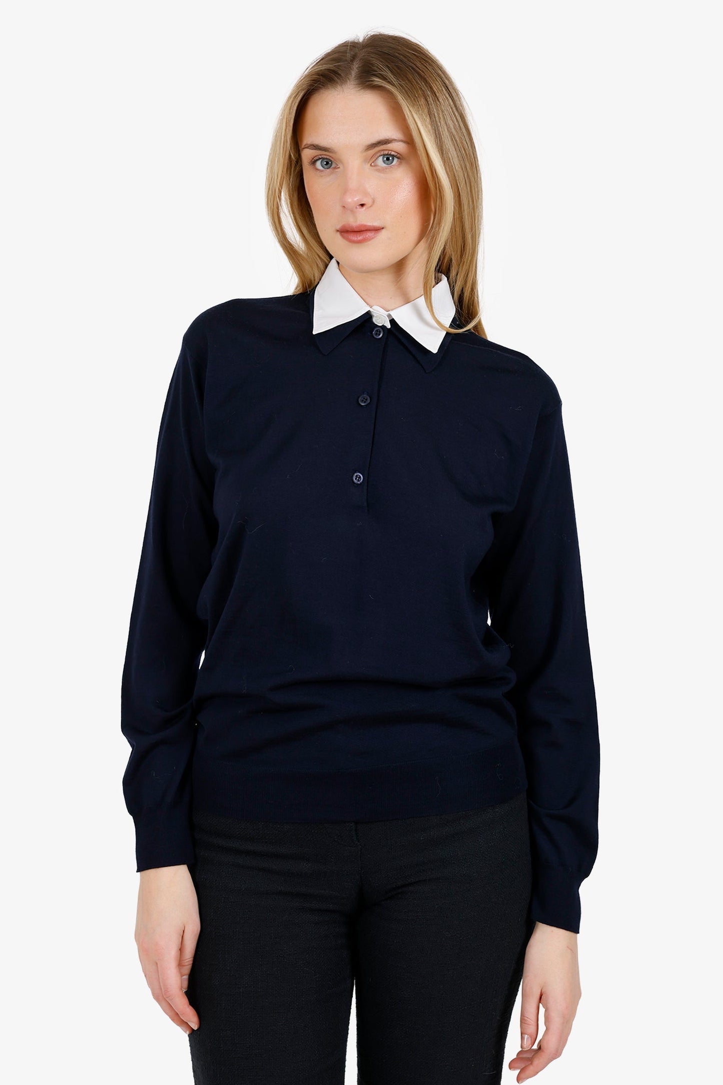 Prada Handbag Wool Long Sleeve Polo Navy