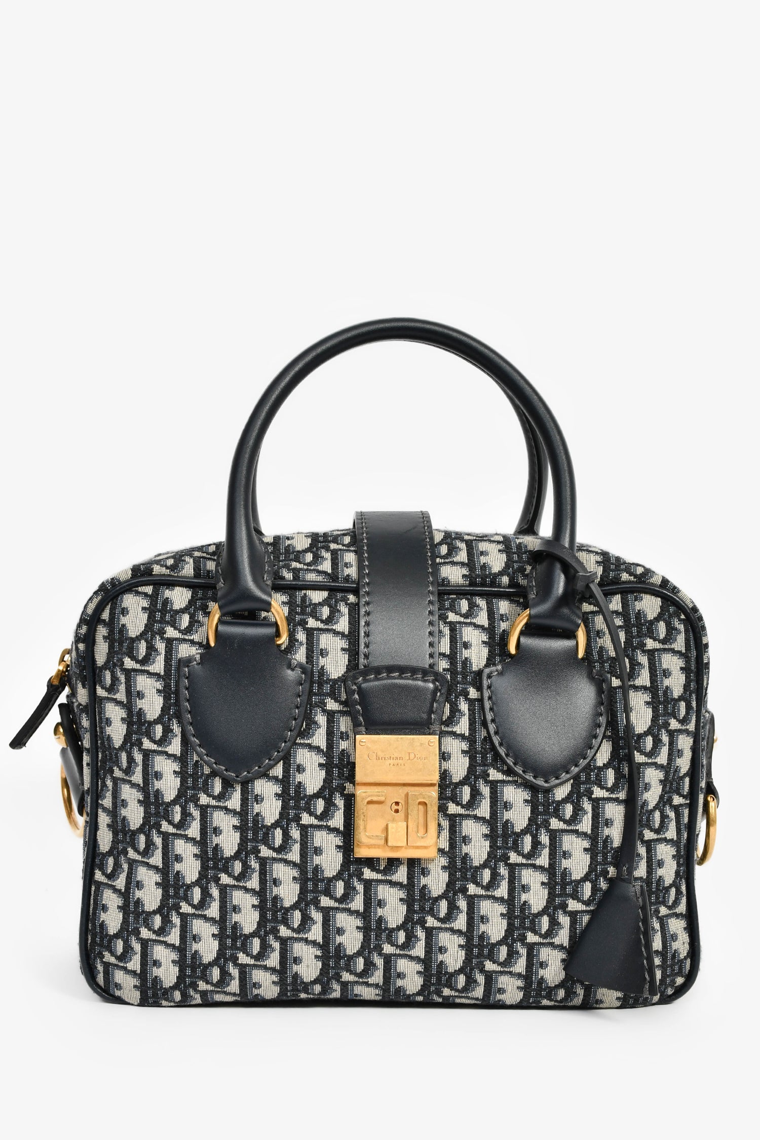Dior Handbag Christian Oblique Jacquard Bowling Bag with Strap Navy
