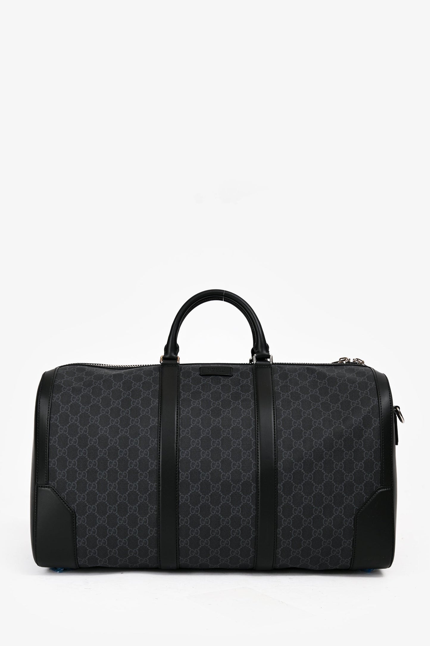 Gucci Black GG Supreme Canvas Leather Trimmed Large Duffle Bag with Web Canvas Shoulder Strap