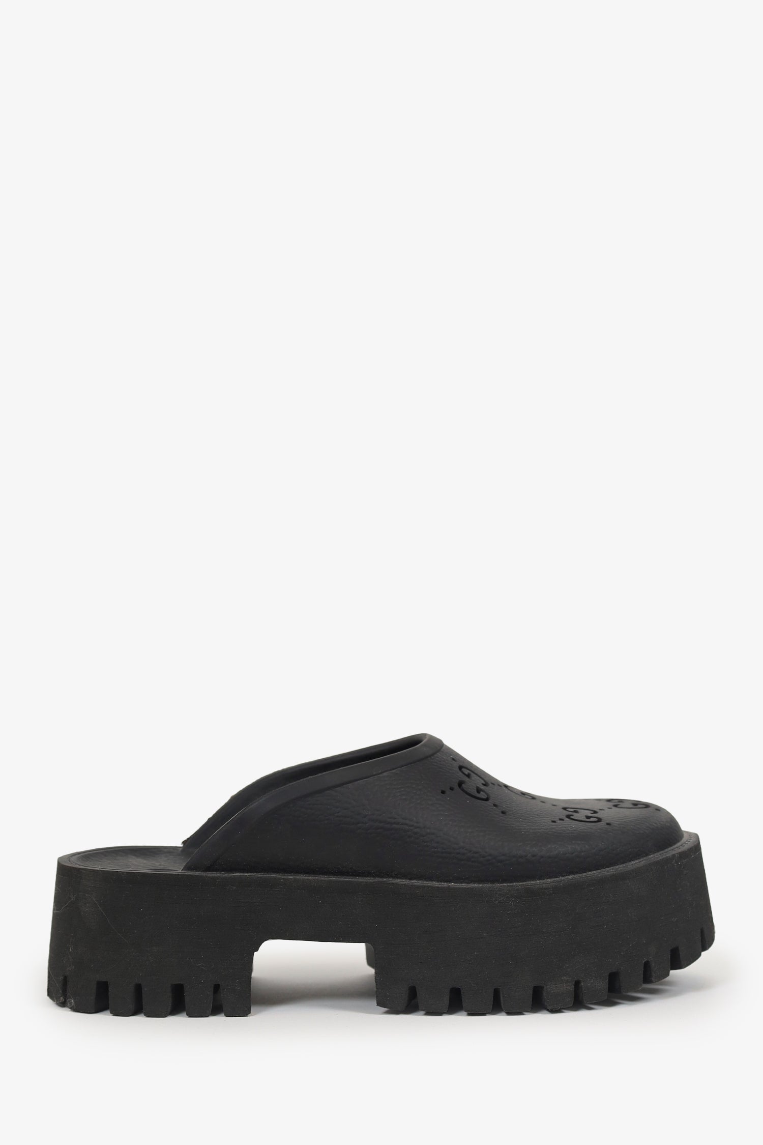 Gucci Black Rubber Perforated 'GG' Chunky Mules Size 38