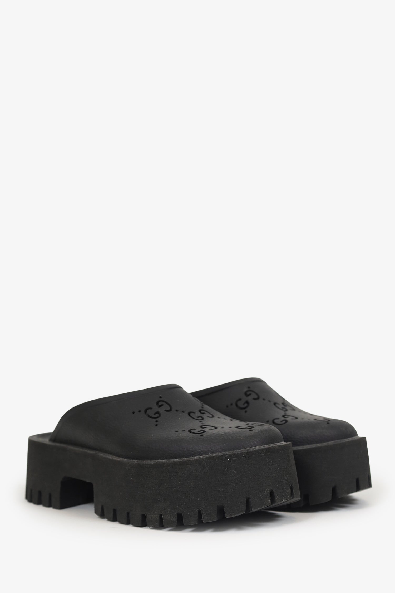 Gucci Black Rubber Perforated 'GG' Chunky Mules Size 38