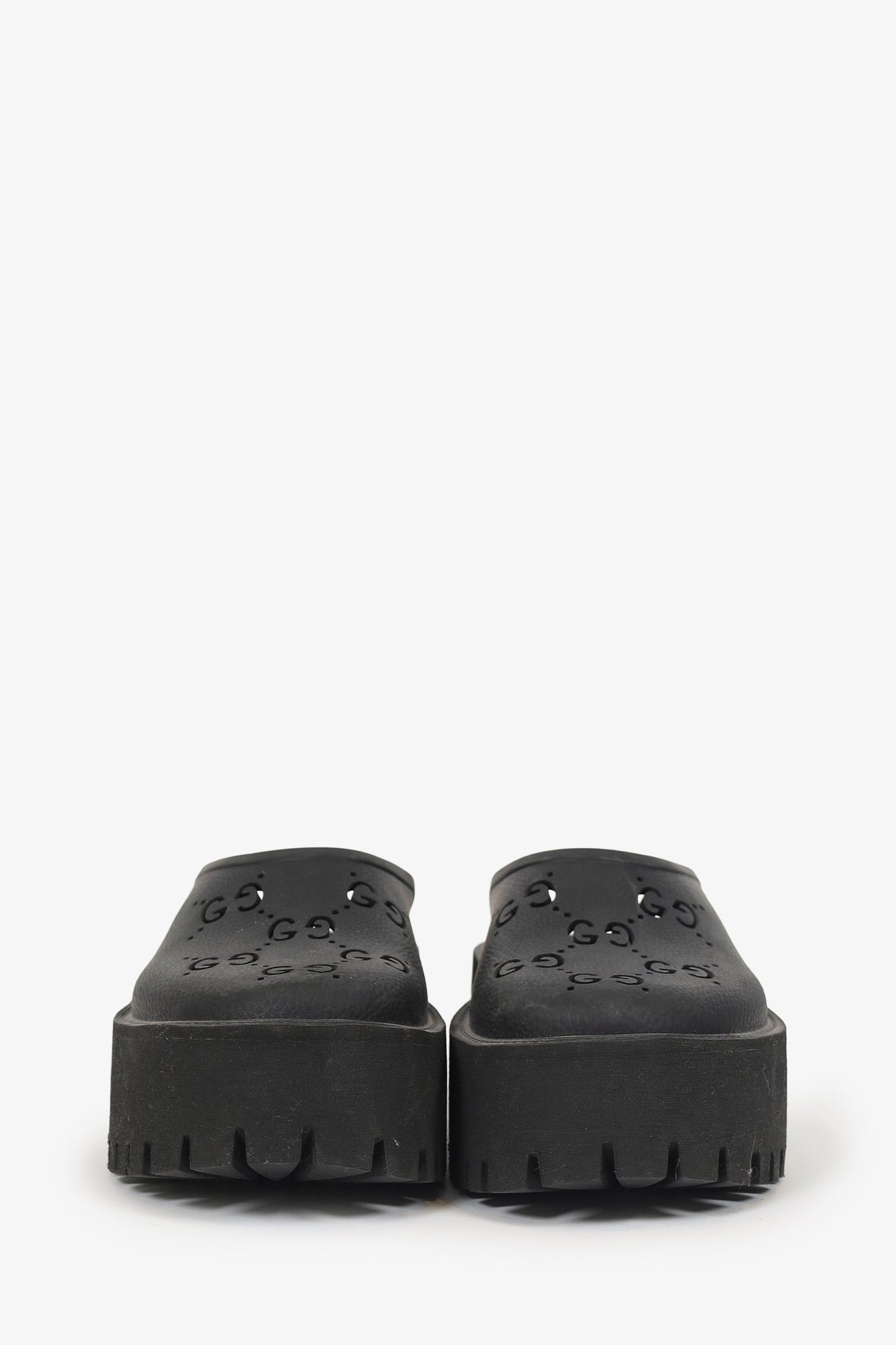 Gucci Black Rubber Perforated 'GG' Chunky Mules Size 38